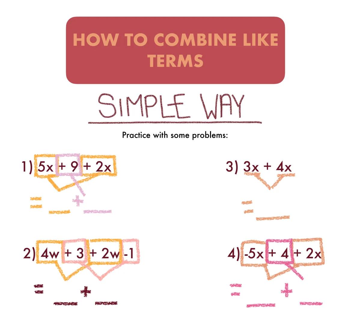 HOW TO COMBINE LIKE
TERMS

SIMPLE WAY
3x+4+2x

find the terms that are the same: in this example it's "x"

3x+4+2x

add them together, alway