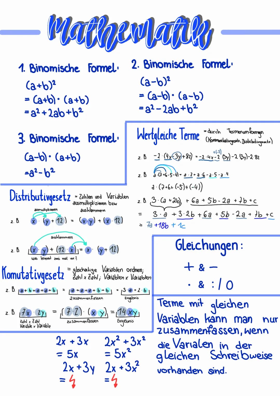# Mathemahk

1. Binomische Formel:
$(a+b)^2$
= (a+b) (a+b)
=$a^2+2ab+b^2$

2. Binomische Formel:
$(a-b)^2$
= (a-b) (a-b)
= $a^2-2ab+b^2$

3.