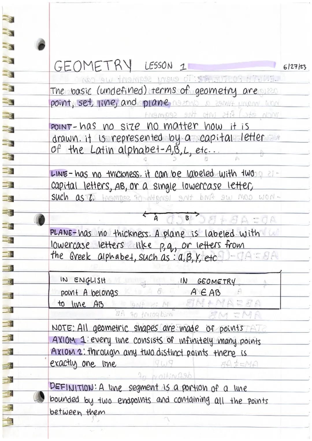 # GEOMETRY LESSON 1

The basic (undefined) terms of geometry are 22.0
point, set, line, and plane

POINT-has no size no matter how it is
dra