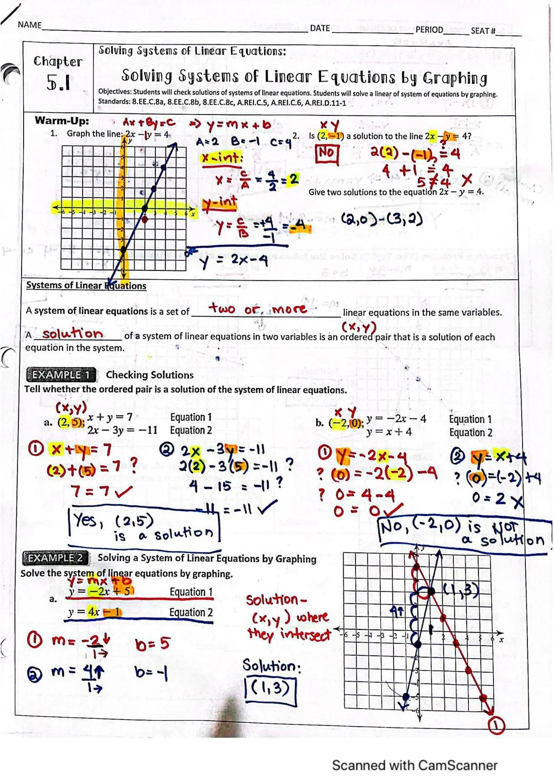 NAME DATE PERIOD SEAT #

Chapter
5.1
Solving Systems of Linear Equations:
Solving Systems of Linear Equations by Graphing
Objectives: Studen