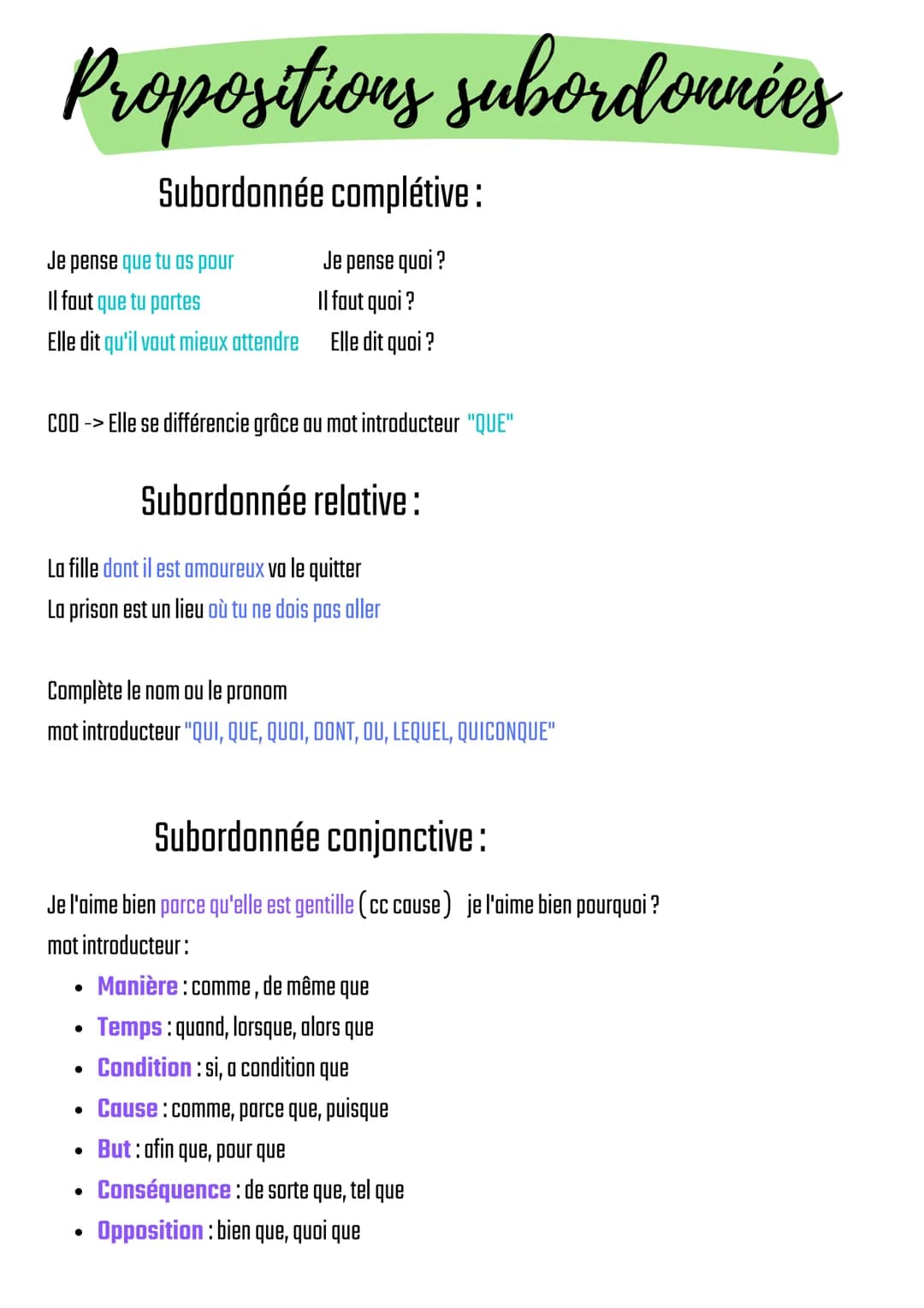 # Propositions subordonnées

## Subordonnée complétive:

Je pense que tu as pour Je pense quoi ?
Il faut que tu partes Il faut quoi ?
Elle d