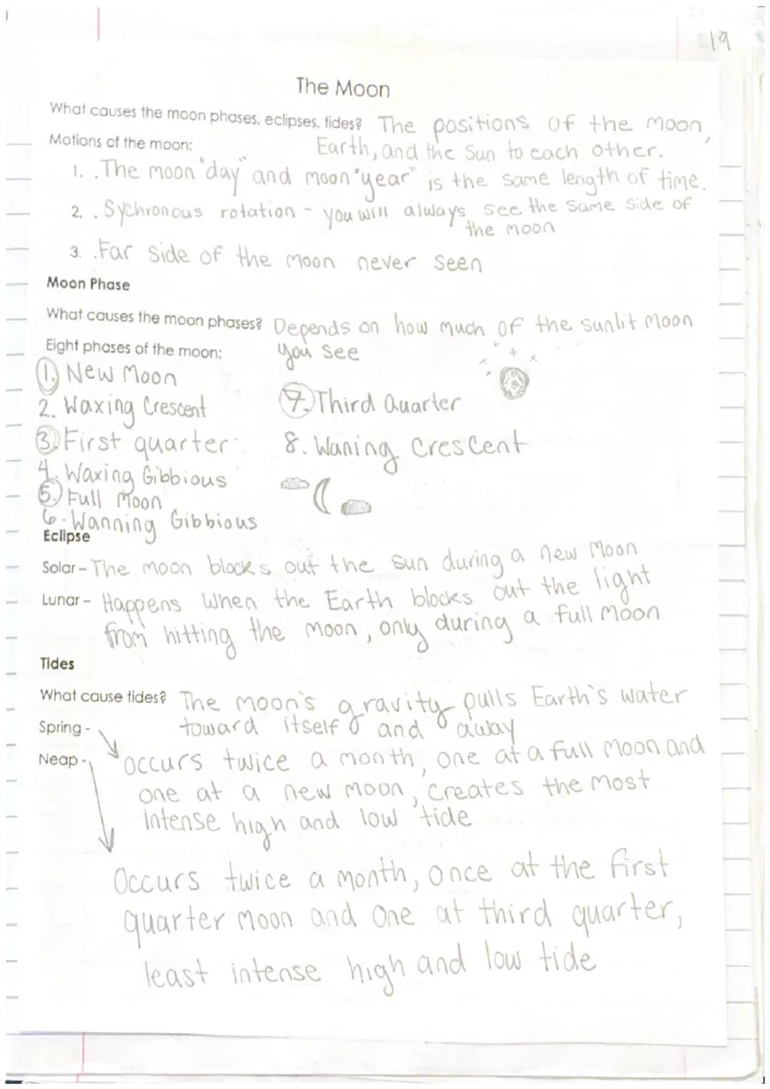 # The Moon
19
What causes the moon phases, eclipses, tides? The positions of the moon,
Motions of the moon: Earth, and the Sun to each other