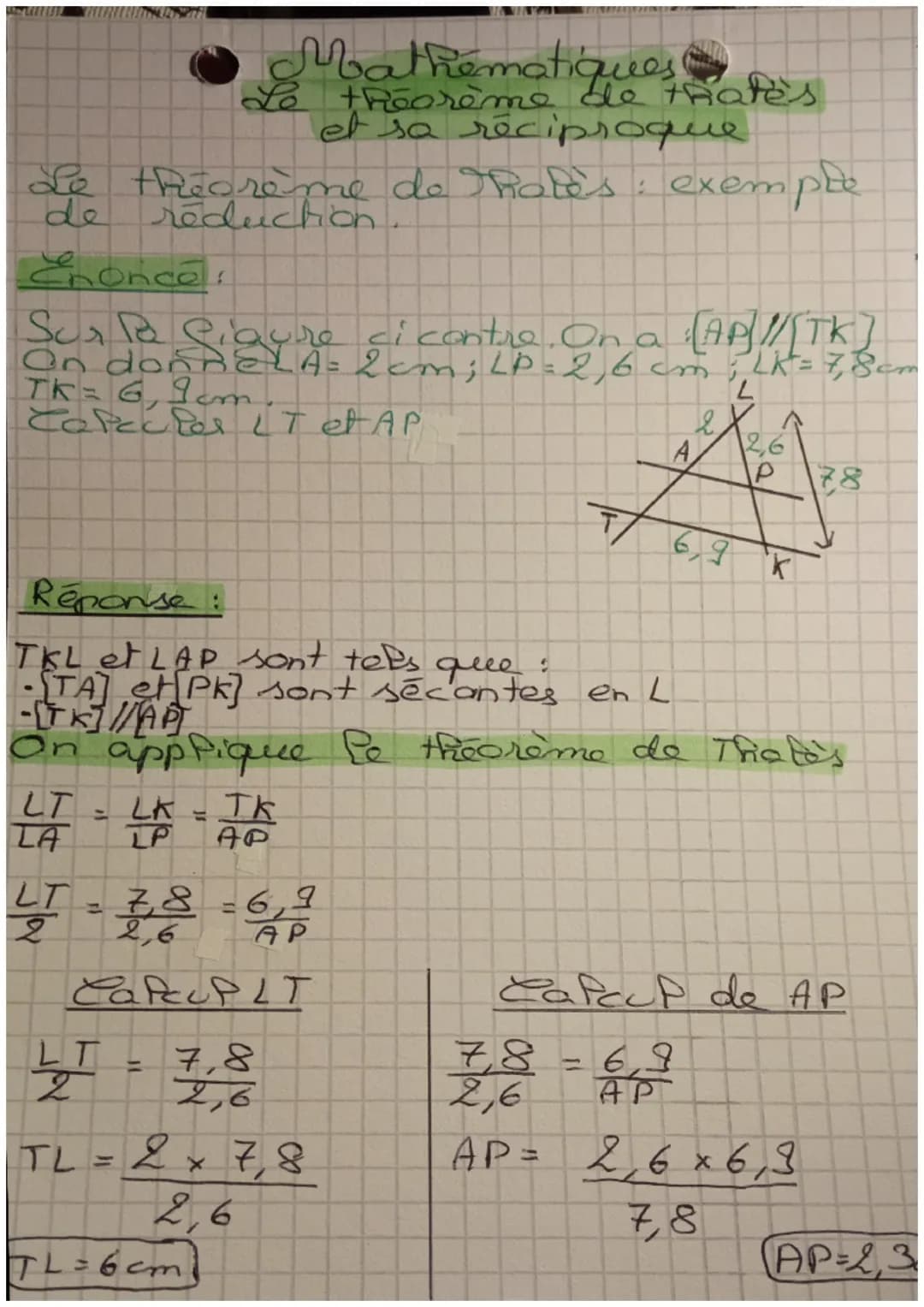 # Mathématiques
Le théorème de thatès
et sa réciproque

Le théorème de Rotès: exemple
de reduction.

Enoncer

Sur la Cigure si contre. On a 