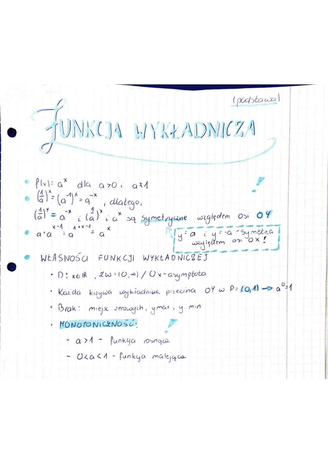 - FUNKCIA

# FUNKCJA WYKŁADNICZA

(podstawal

- $f(x)= a^x$ dla a70 i a+1
- $(\frac{1}{a})^x=(a)^{-x}=a^{-x}$, dlatego,
- $(\frac{1}{a})^x= 