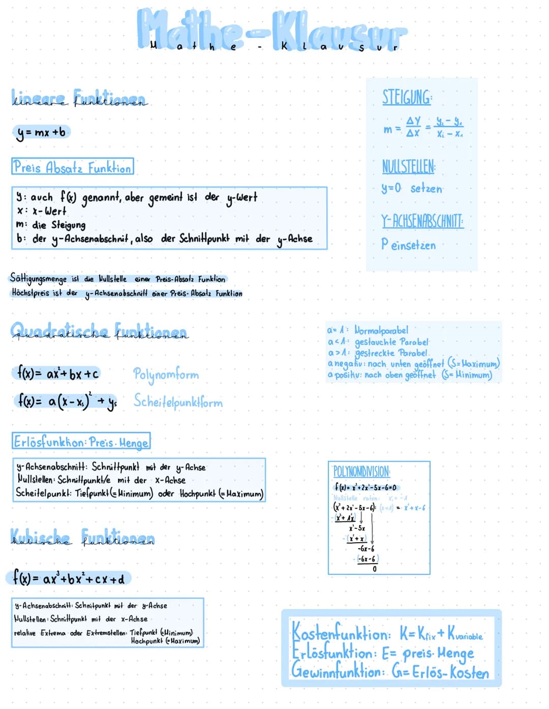 # Mathe-Klausur

kincare Funktionen.

y=mx+b

Preis Absatz Funktion

y: auch f(x) genannt, aber gemeint ist der y-Wert
x: x-Wert
m: die Stei