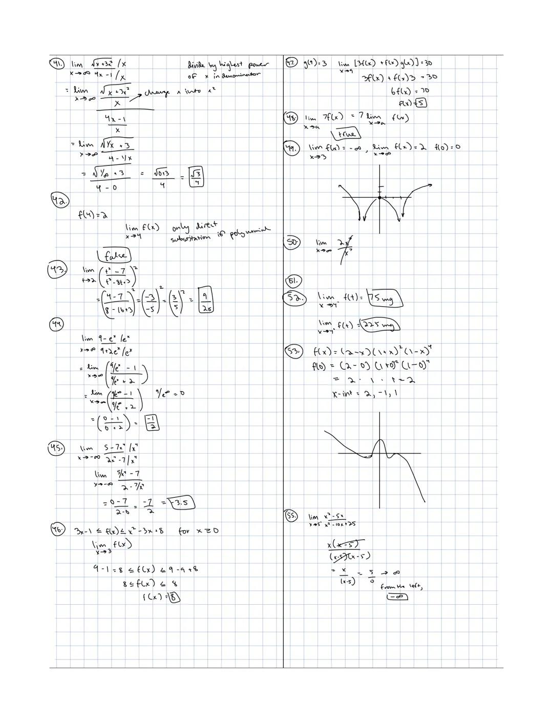 Calculus A: Limits Practice Problems

①g(x)=$x+x-20$
  $|x-4|$

lim $g(x)$= $16+4-20$ = $\frac{0}{0}$
$x\rightarrow4$

$\frac{14-41}{14-41}$