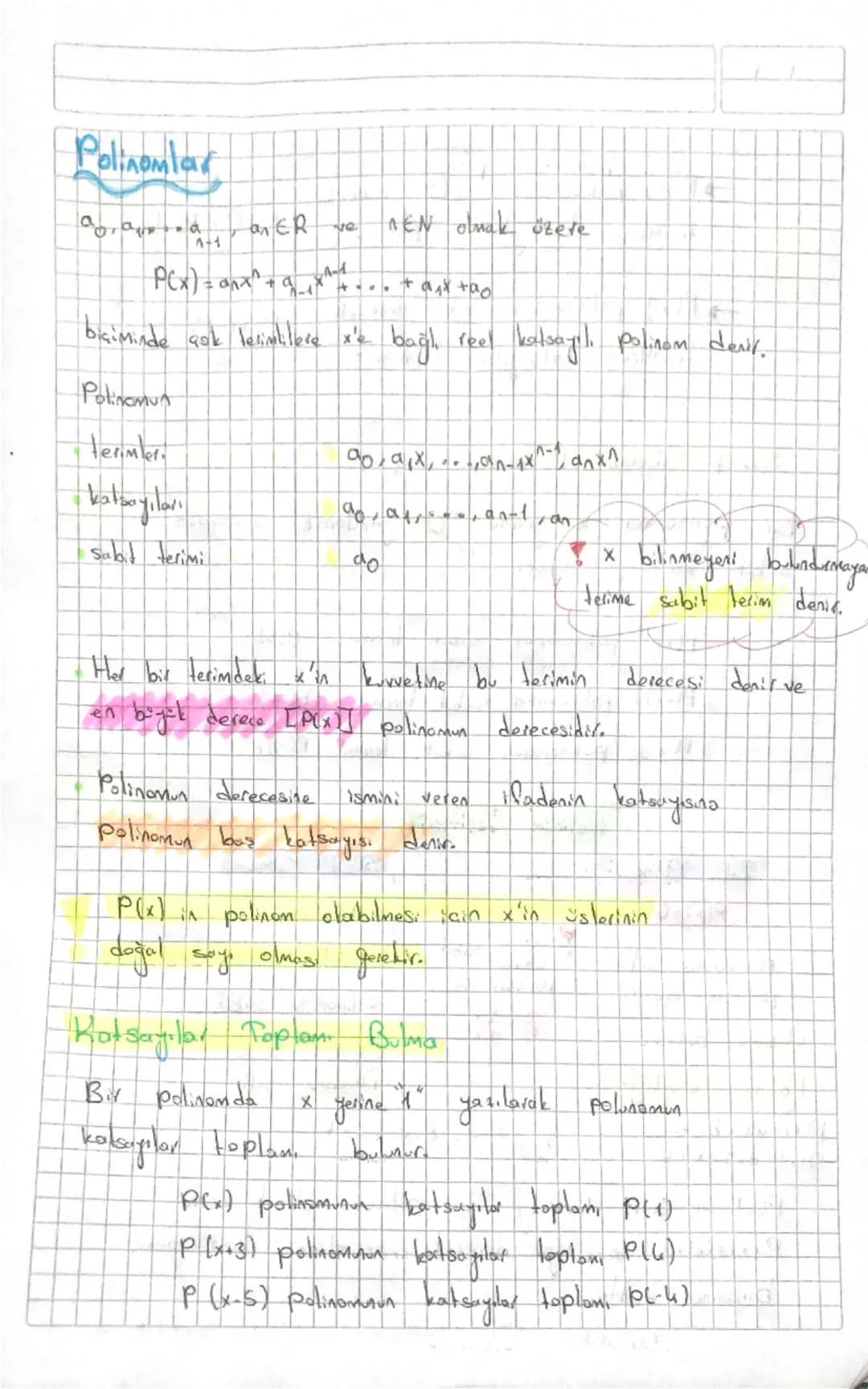 # Polinomlar

$a_0, a_1, ..., a_n \in R$ ve $n \in N$ olmak üzere

$P(x) = a_n x^n + a_{n-1} x^{n-1} + ... + a_1 x + a_0$

biçiminde çok ter