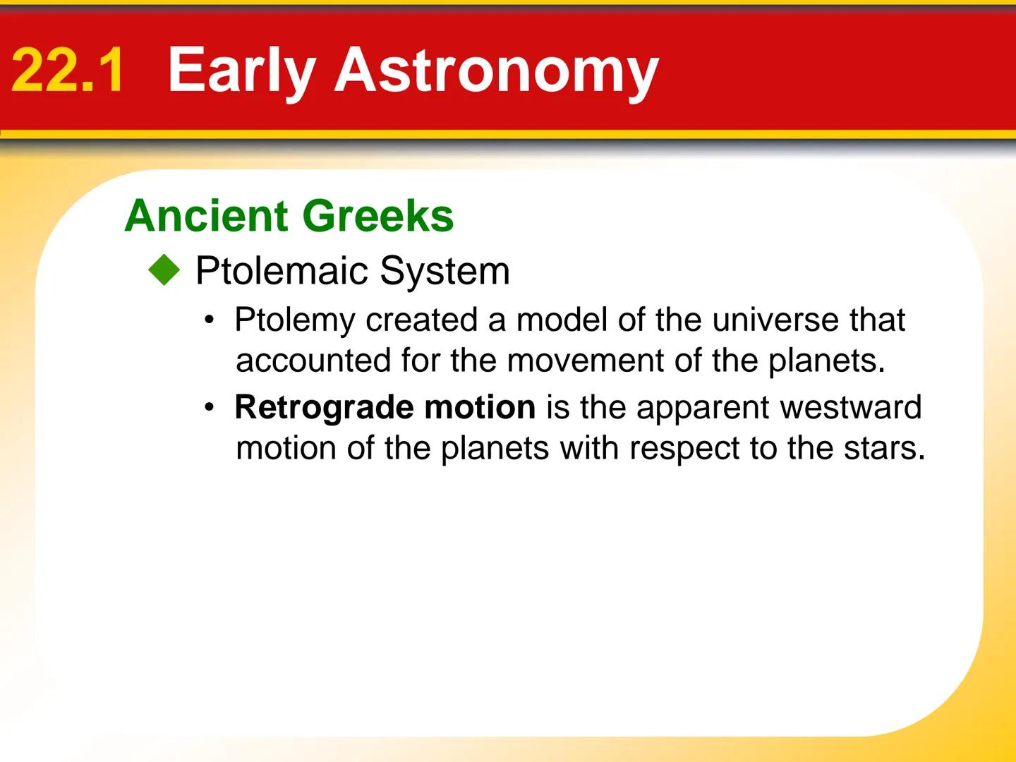 # Chapter Origin of Modern
## 22 Astronomy # 22.1 Early Astronomy

## Ancient Greeks

*   Astronomy is the science that studies the universe