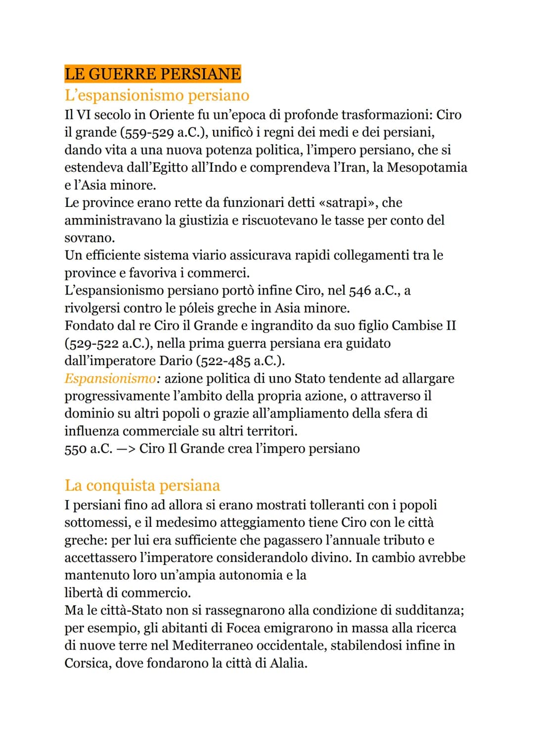 # LE GUERRE PERSIANE

L'espansionismo persiano

Il VI secolo in Oriente fu un'epoca di profonde trasformazioni: Ciro
il grande (559-529 a.C.