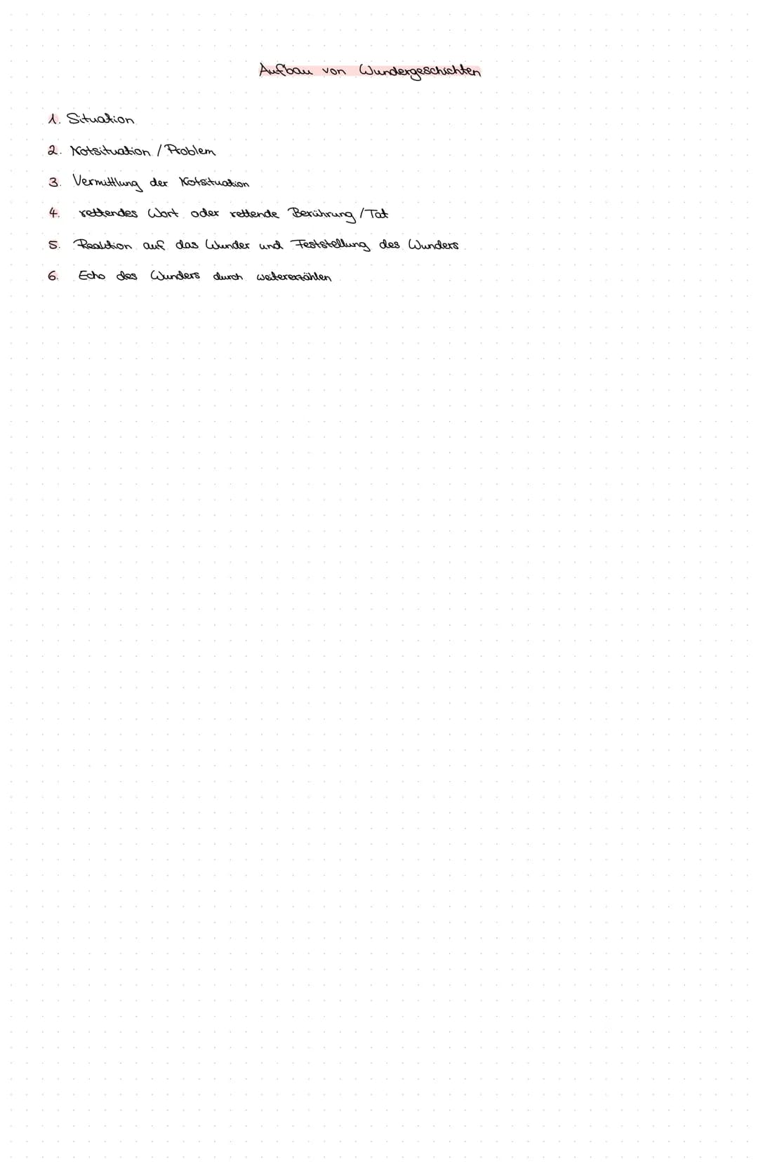 Aufbau von Wundergeschichten

1. Situation
2. Notsituation/Problem
3. Vermittlung der Kotsituation
4. rettendes Wort oder rettende Berührung