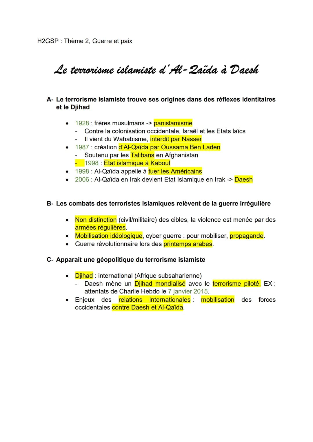 H2GSP: Thème 2, Guerre et paix

# Le terrorisme islamiste d'Al-Zaïda à Daesh

A- Le terrorisme islamiste trouve ses origines dans des réflex