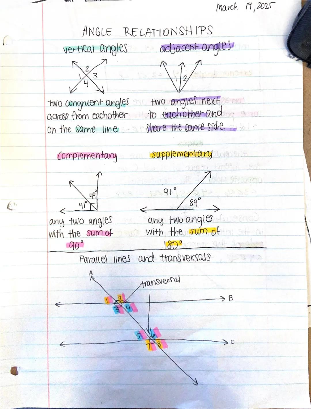 March 19,2025

ANGLE RELATIONSHIPS

vertical angles adjacent angles

2
4
3
لا

1
2

two congruent angles two angles next
across from eachoth