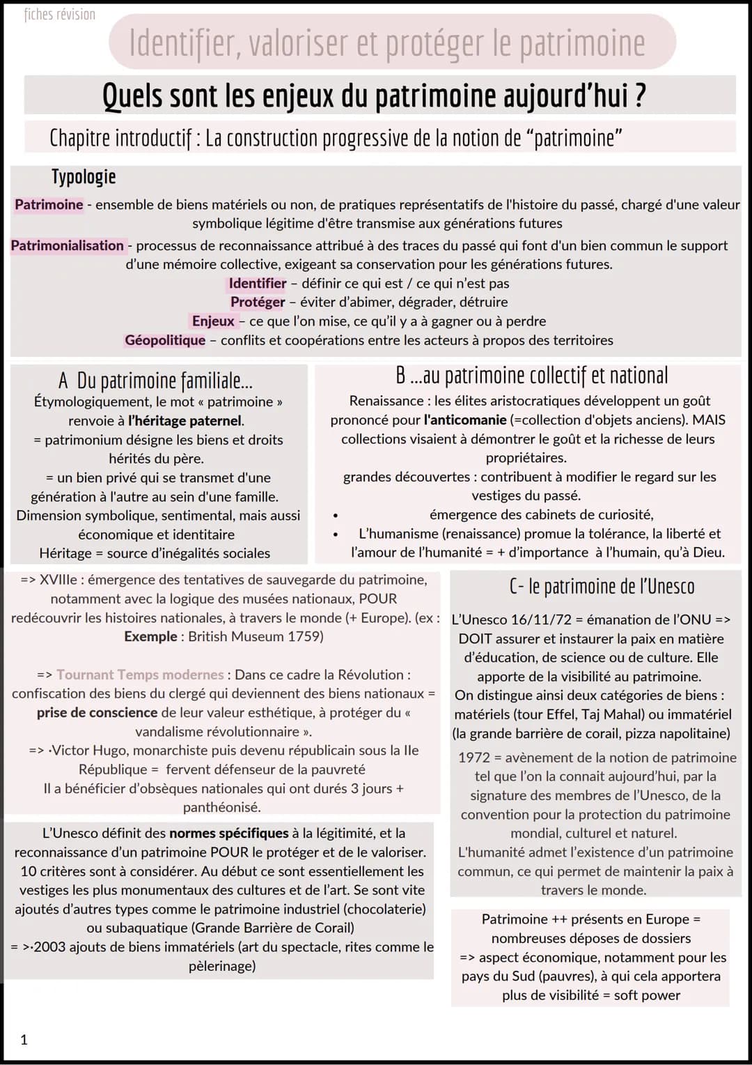 fiches révision
# Identifier, valoriser et protéger le patrimoine

## Quels sont les enjeux du patrimoine aujourd'hui ?
Chapitre introductif