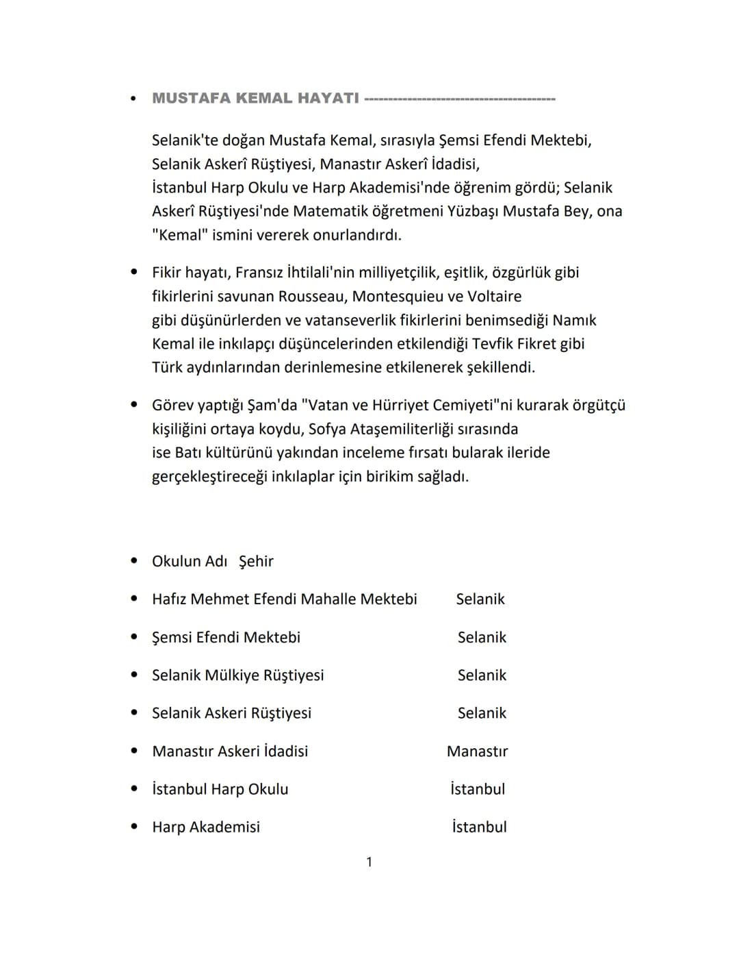 - MUSTAFA KEMAL HAYATI

Selanik'te doğan Mustafa Kemal, sırasıyla Şemsi Efendi Mektebi,
Selanik Askerî Rüştiyesi, Manastır Askerî İdadisi,
İ