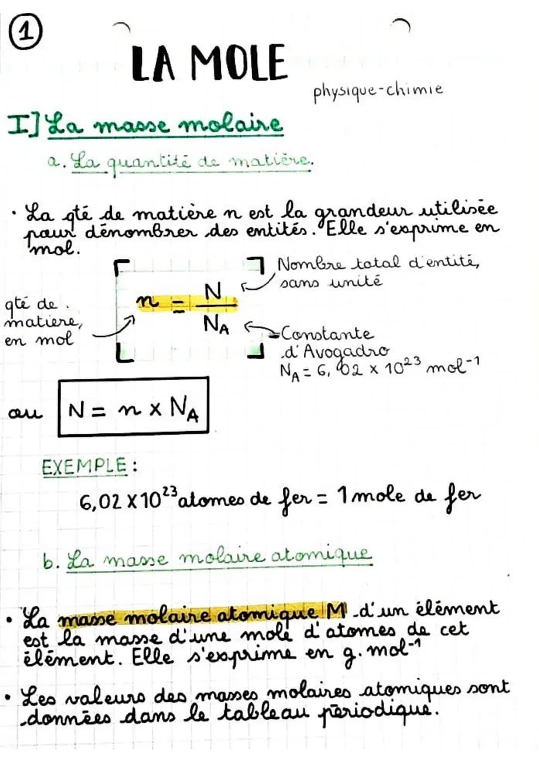 # 1

LA MOLE

physique-chimie

I] La masse molaire

a. La quantité de matière.

• La até de matière n est la grandeur utilisée
paur dénombre