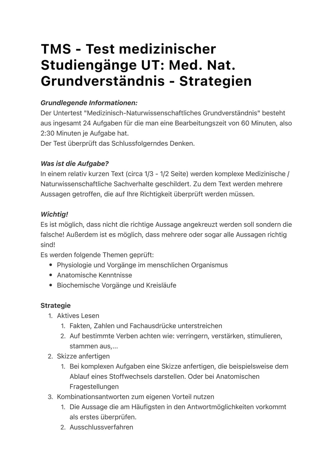 # TMS - Test medizinischer
Studiengänge UT: Med. Nat.
Grundverständnis - Strategien

Grundlegende Informationen:
Der Untertest "Medizinisch-