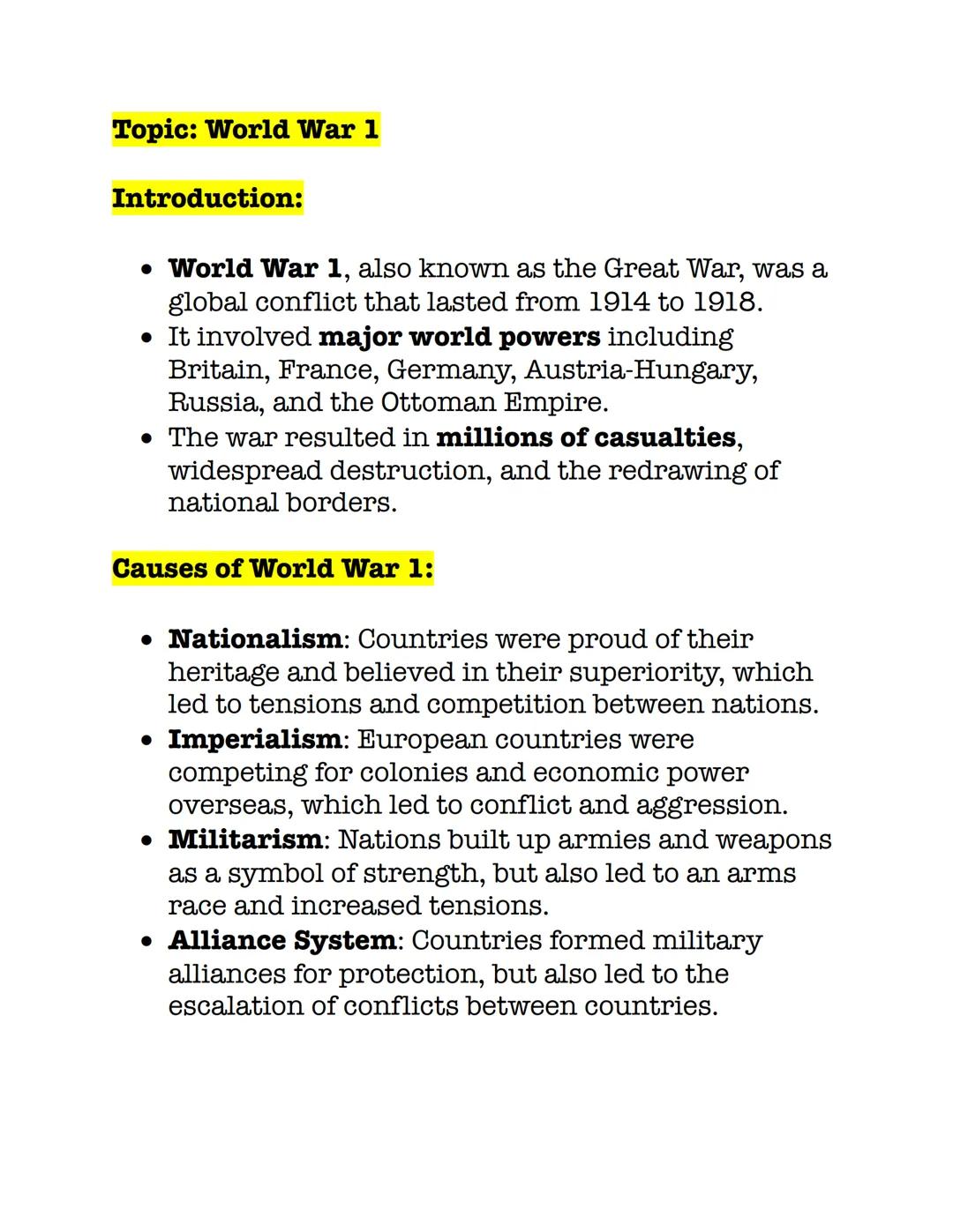 Topic: World War 1

Introduction:

- World War 1, also known as the Great War, was a
global conflict that lasted from 1914 to 1918.
- It inv