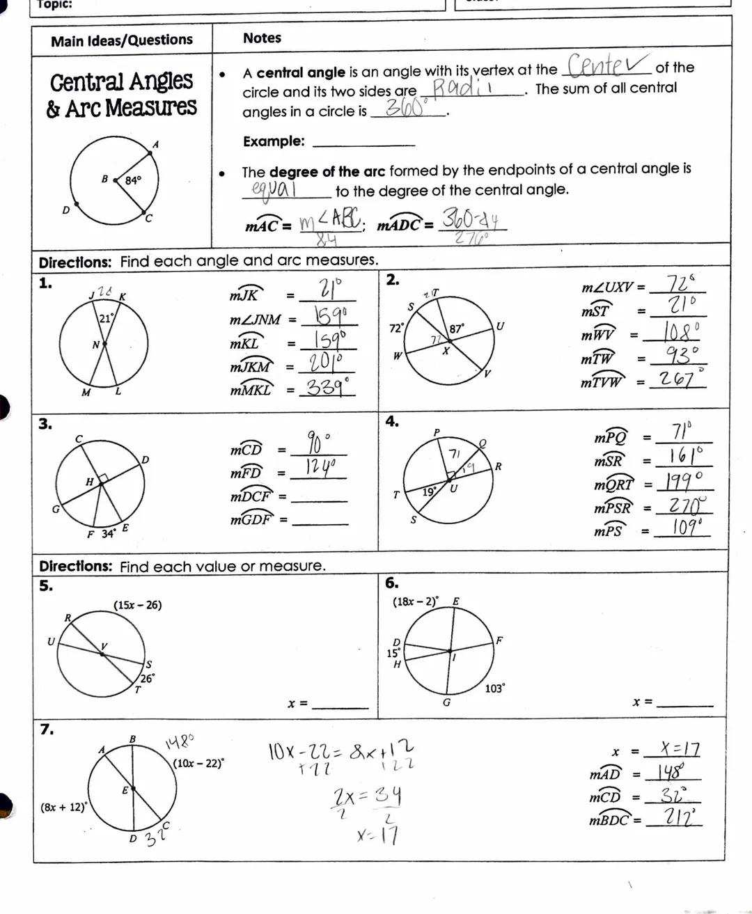 Topic:

Main Ideas/Questions
Central Angles
& Arc Measures



A

Notes
A central angle is an angle with its vertex at the Center of the
circ