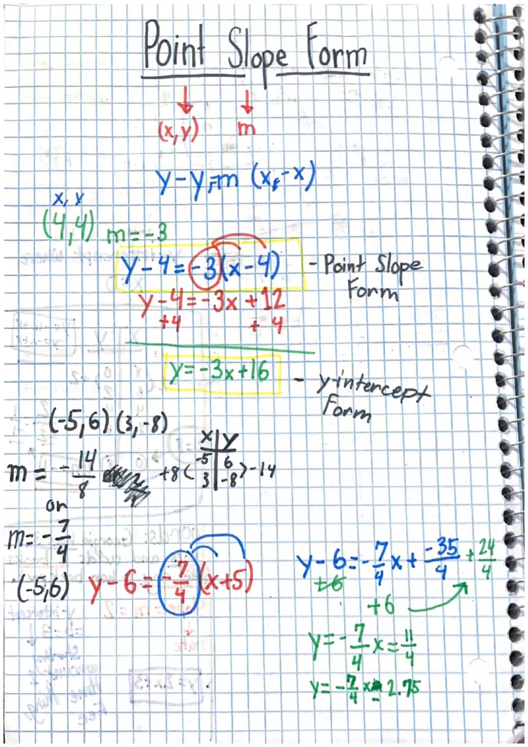 # Point Slope Form

(xy) m

y-yam (x-x)

(4,4) (4.4) m=-3

Y-4=-3(x-4) -Point Slope
y-4=-3x+12
Form
+4

m=

(-5,6) (3,-8)

on
7
m=-4
14
y=-3