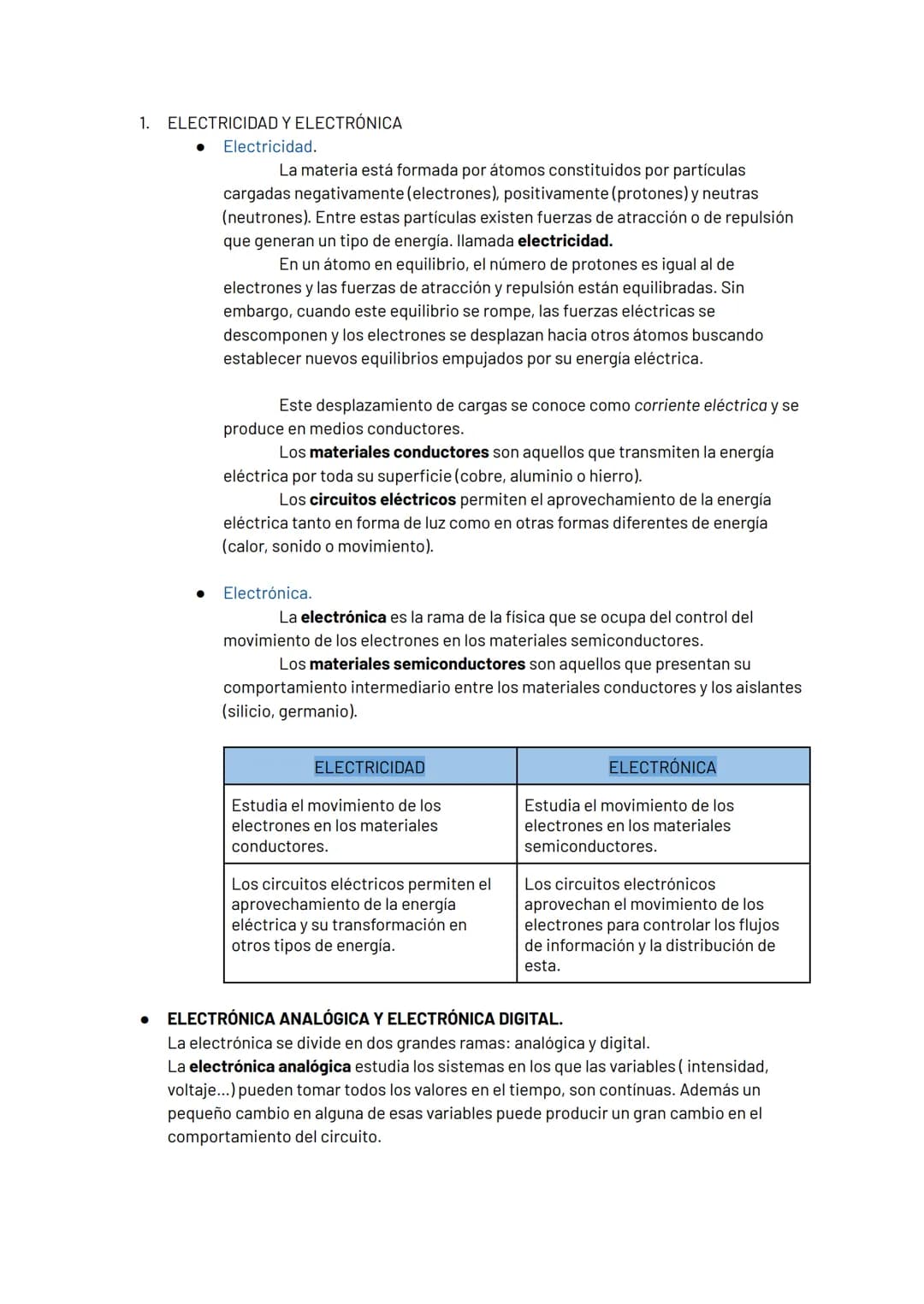 1. ELECTRICIDAD Y ELECTRÓNICA
*   Electricidad.

La materia está formada por átomos constituidos por partículas
cargadas negativamente (elec
