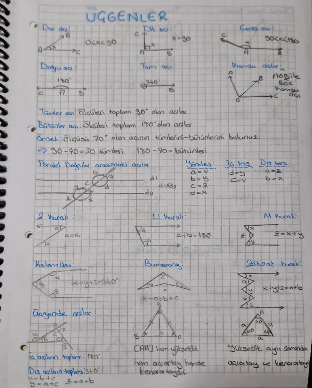 --- OCR Start ---
Dar açı
UGGENLER
Dik açı:
Gerç açı
C
X-30
30<x<180
Ocxcg0
C
180
CAB
A
Tam açı
A
360
Tamler açı: Ölçüleri toplamı 90° olan 