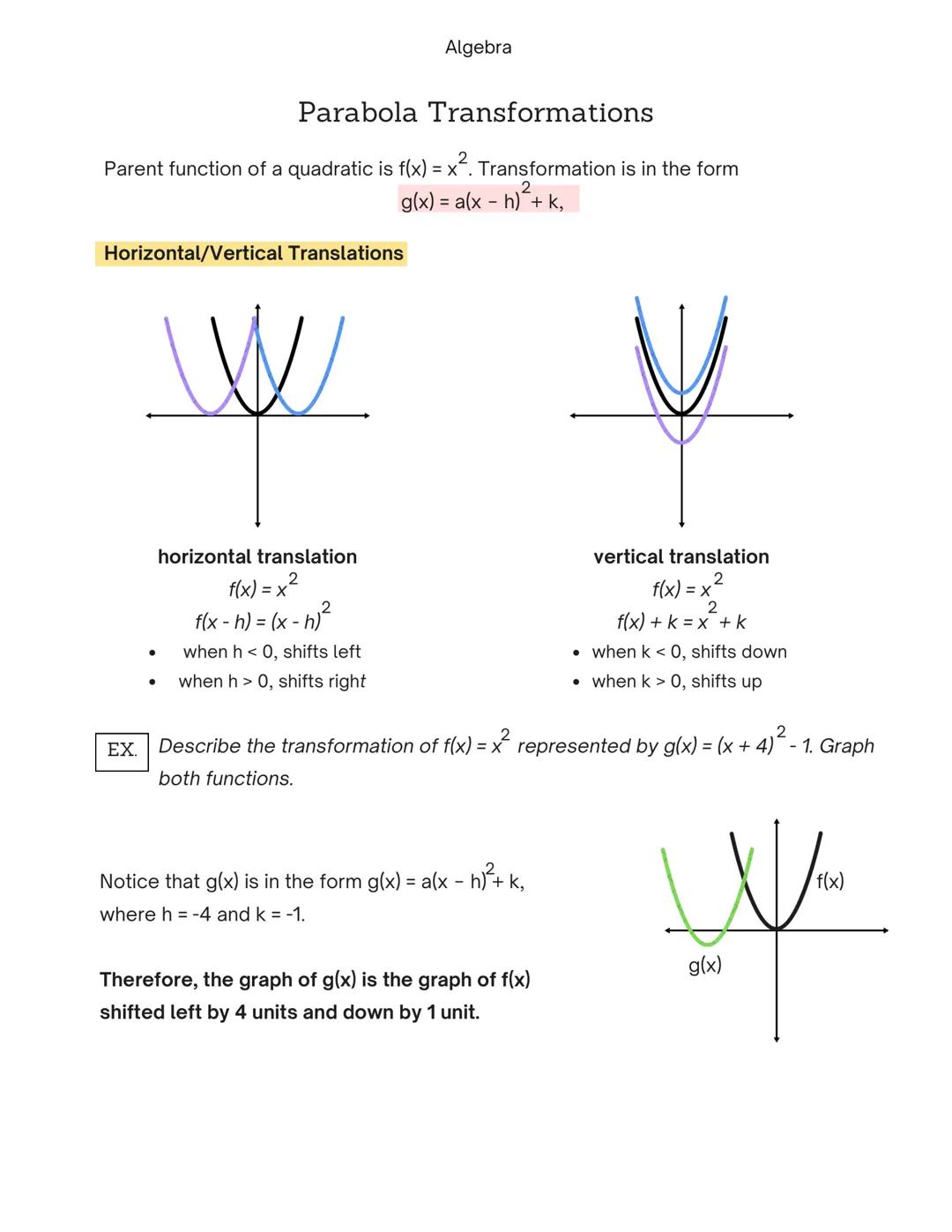 Algebra

# Parabola Transformations

Parent function of a quadratic is f(x) = x². Transformation is in the form

g(x) = a(x - h)² + k,

### 