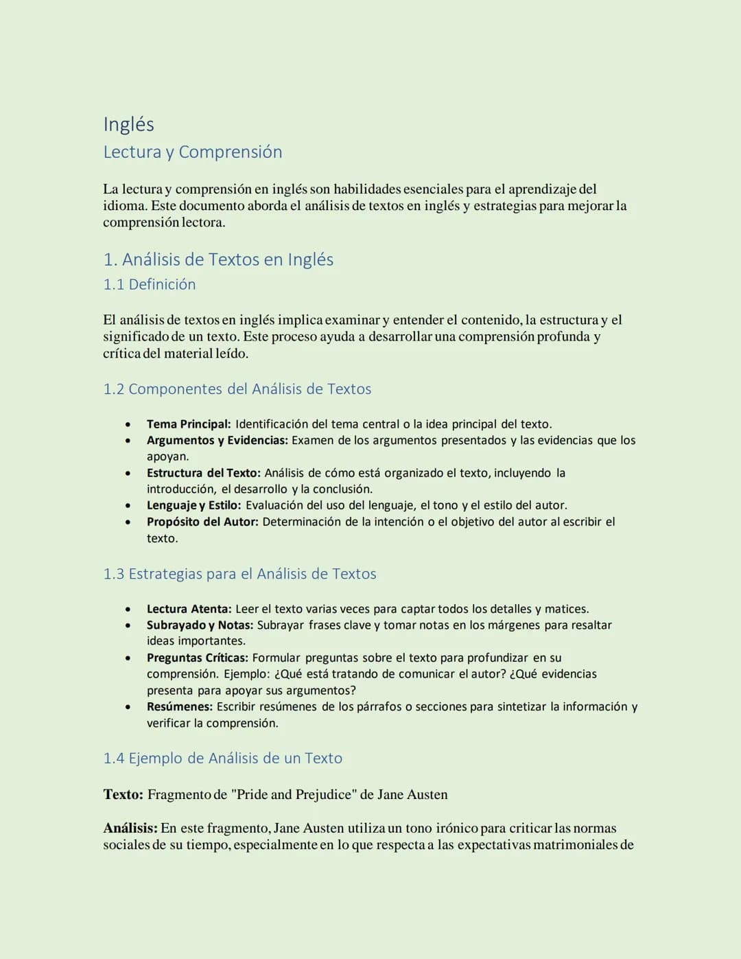 # Inglés

Lectura y Comprensión

La lectura y comprensión en inglés son habilidades esenciales para el aprendizaje del
idioma. Este document