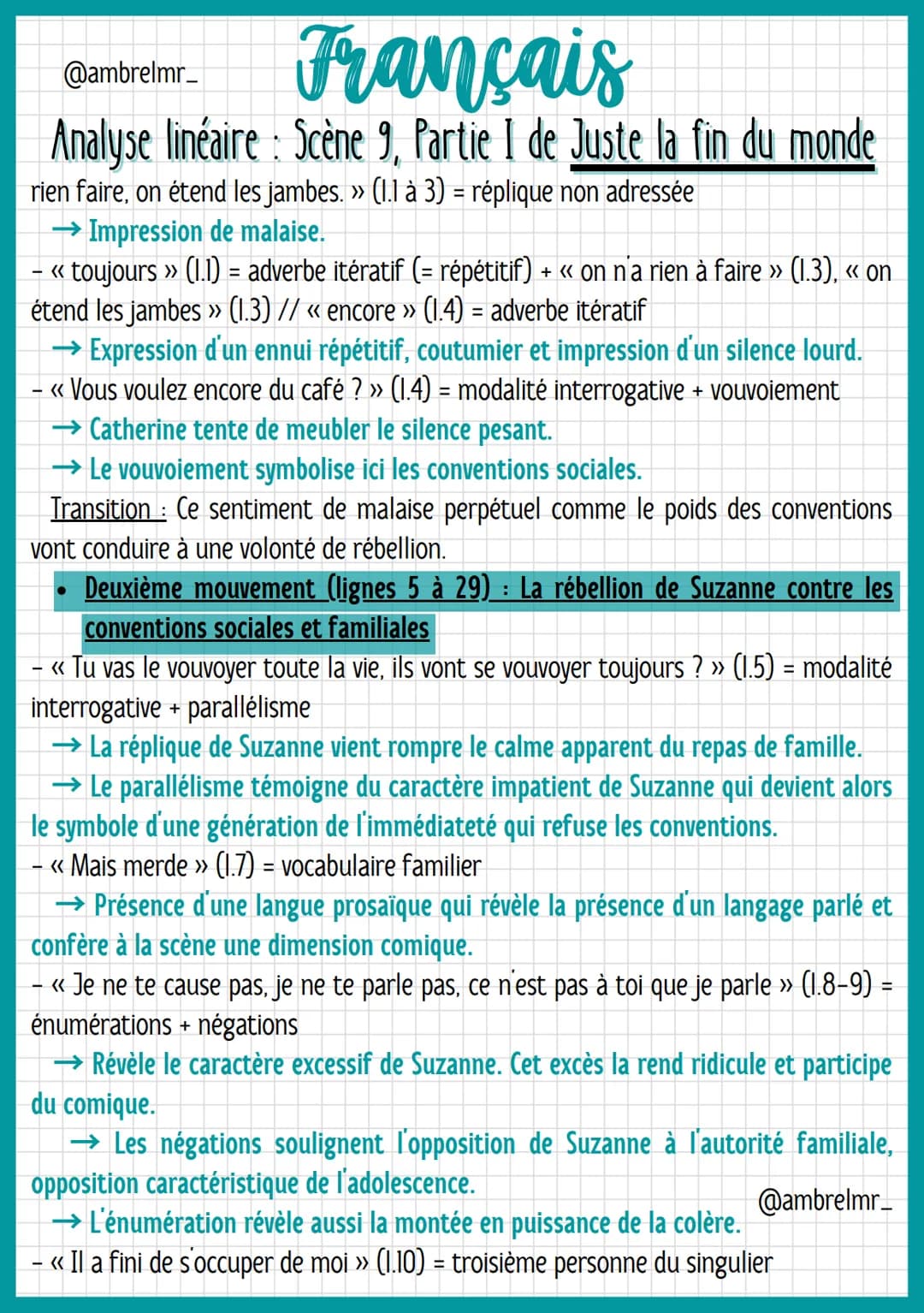 @ambrelmr_
# Français
Analyse linéaire : Scène 9, Partie I de Juste la fin du monde
## INTRODUCTION
* Présentation du texte :
→ Auteur: Jean