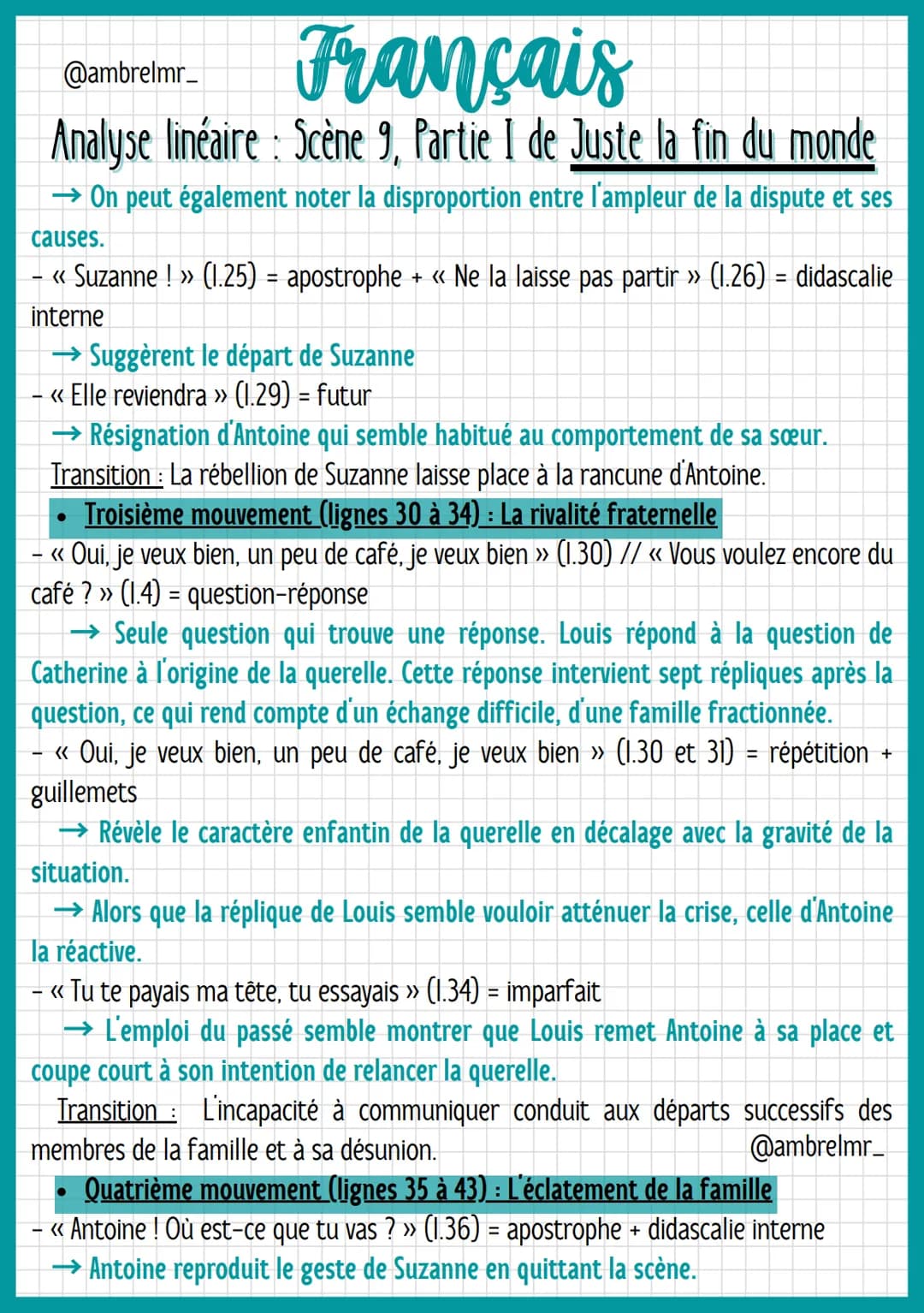 @ambrelmr_
# Français
Analyse linéaire : Scène 9, Partie I de Juste la fin du monde
## INTRODUCTION
* Présentation du texte :
→ Auteur: Jean