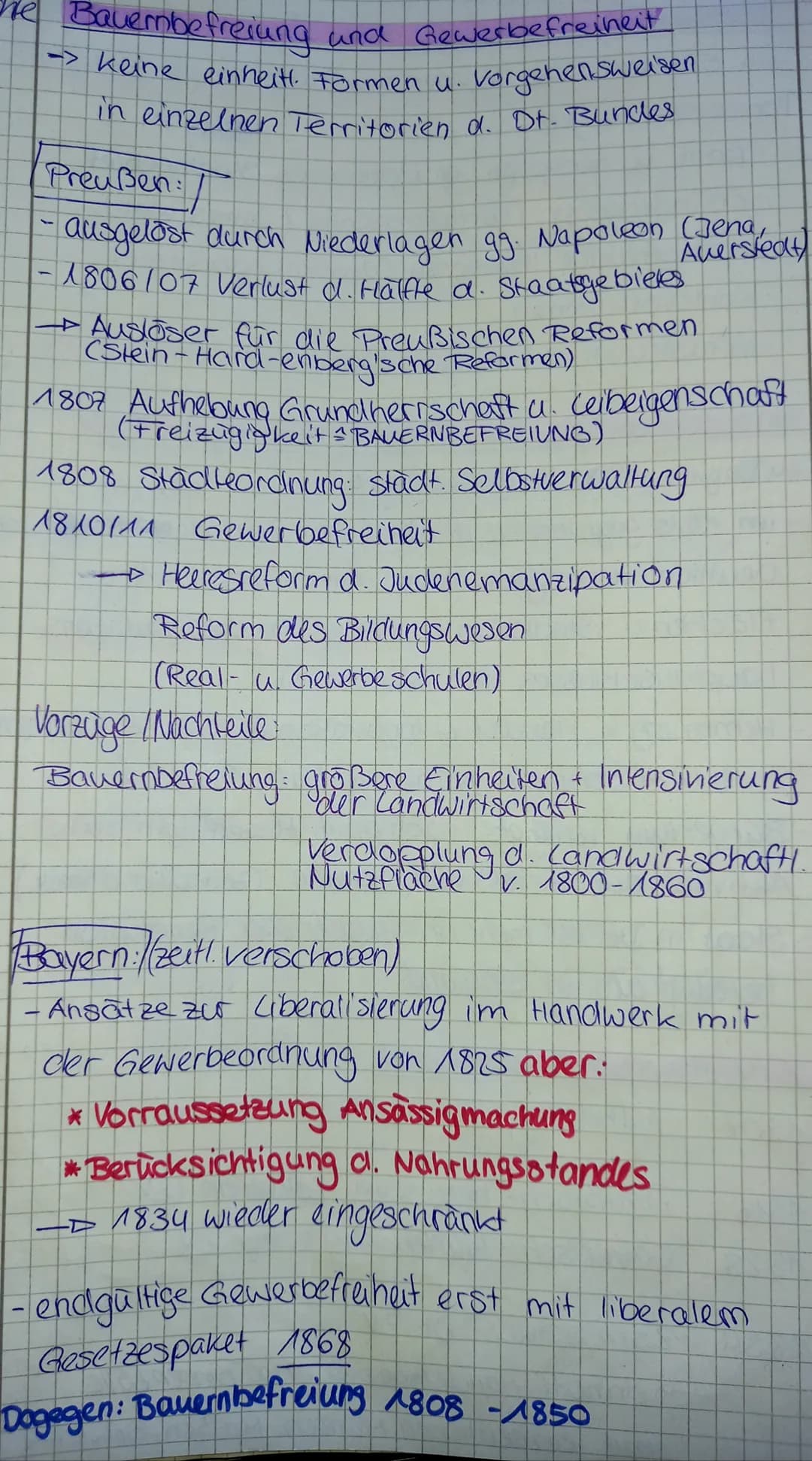 # Bauernbefreiung und Gewerbefreiheit

-> keine einheitt. Formen u. Vorgehensweisen
in einzelnen Territorien d. Dr. Bundes

Preußen:/

- aus