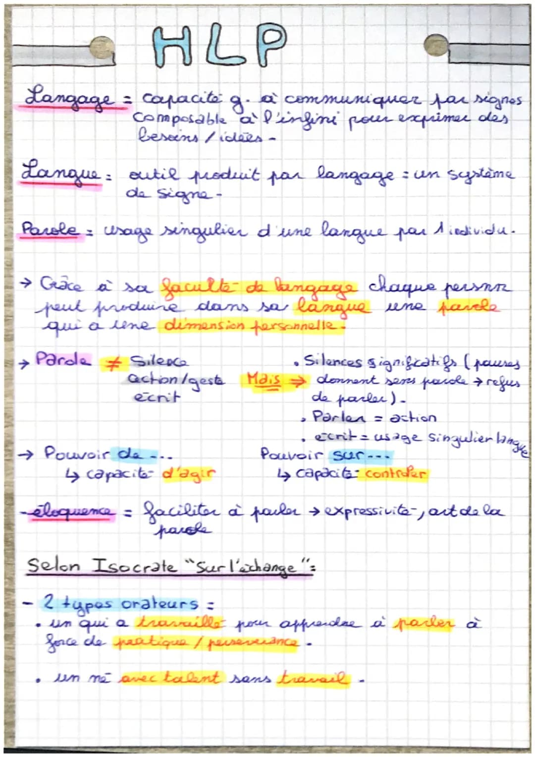 HLP

Langage = capacite g. à communiquer par signos
Composable à l'infini pour exprimer des
besoins idees -

Langue: outil produit par langa