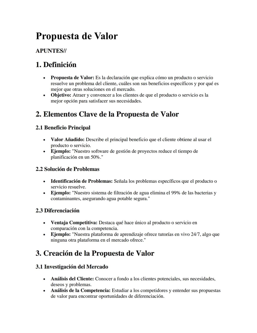 # Propuesta de Valor

APUNTES//

1. Definición

*   Propuesta de Valor: Es la declaración que explica cómo un producto o servicio
    resuel