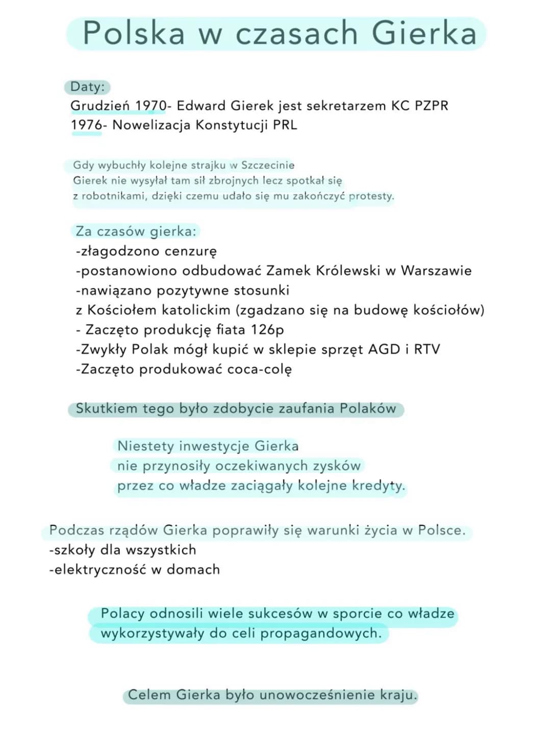# Polska w czasach Gierka

Daty:
Grudzień 1970- Edward Gierek jest sekretarzem KC PZPR
1976- Nowelizacja Konstytucji PRL

Gdy wybuchły kolej