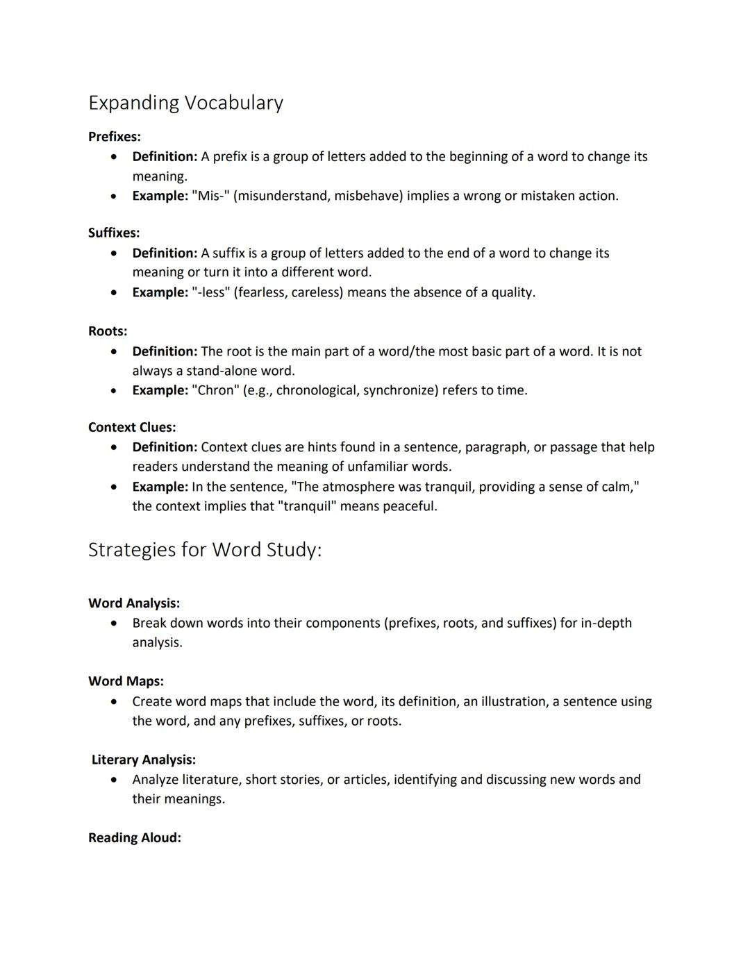 # Expanding Vocabulary

Prefixes:
- Definition: A prefix is a group of letters added to the beginning of a word to change its meaning.
- Exa