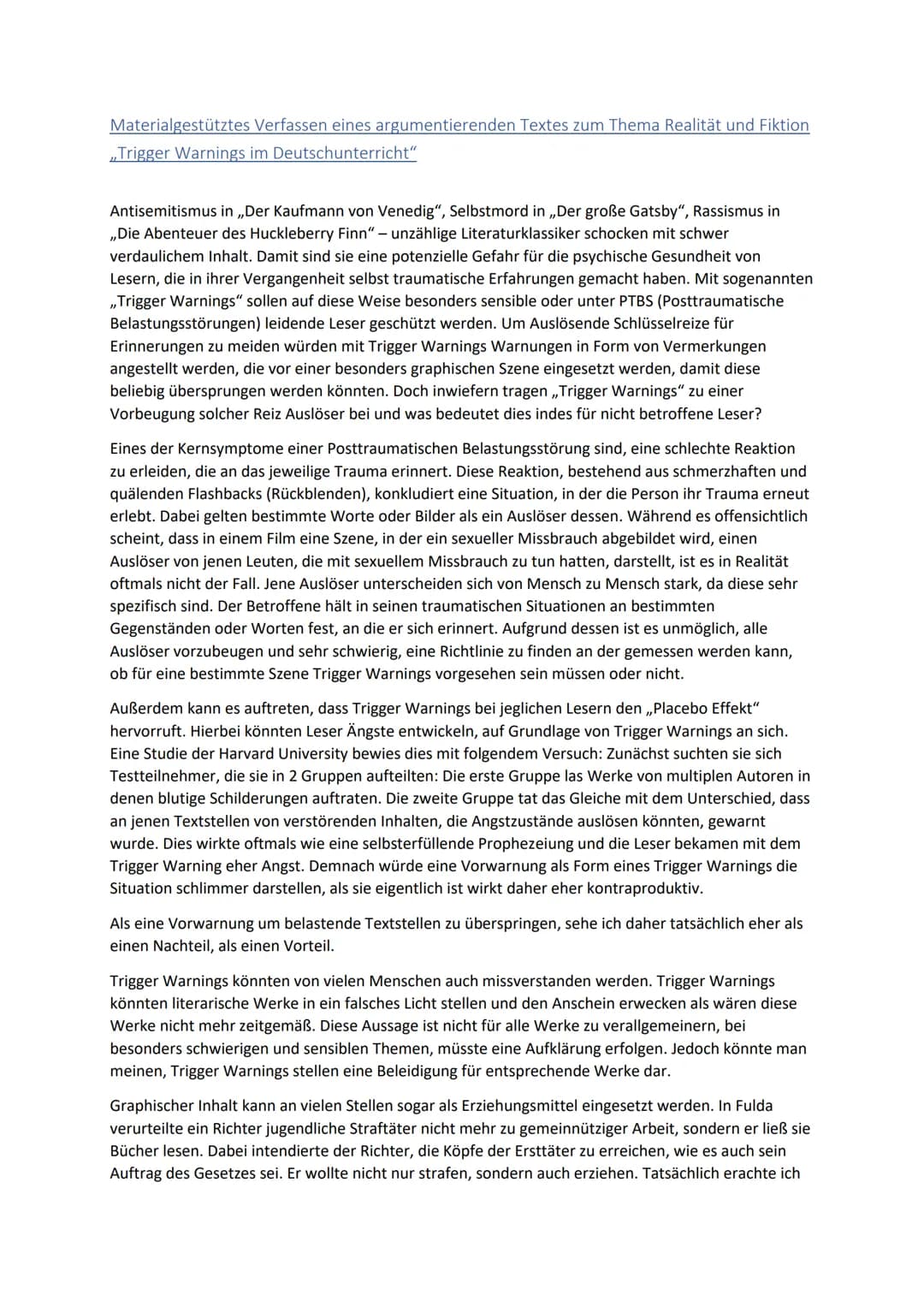 Materialgestütztes Verfassen eines argumentierenden Textes zum Thema Realität und Fiktion
„Trigger Warnings im Deutschunterricht"

Antisemit