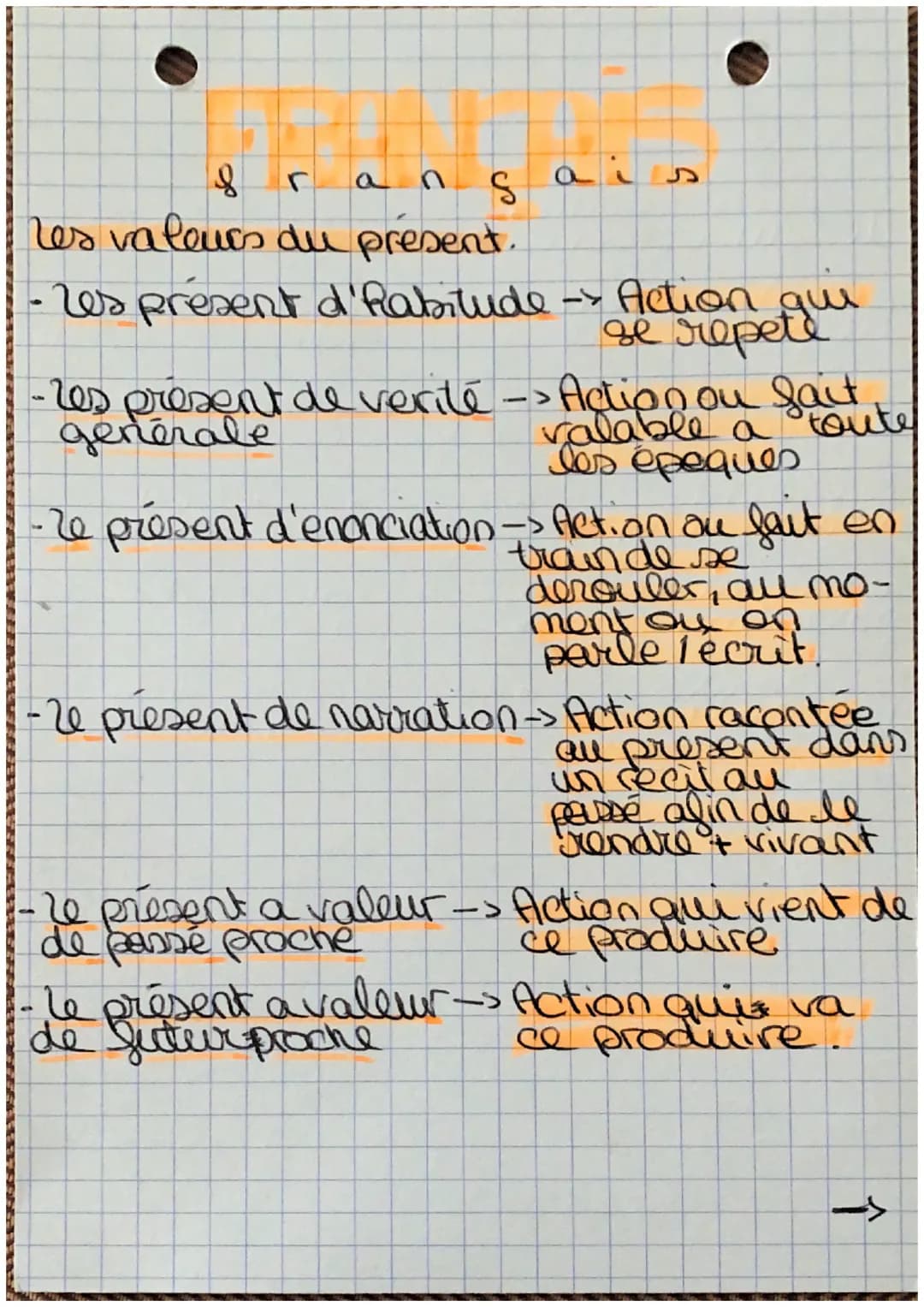 8
Γ
angais
Les valeurs du présent.
- Les present d'habitude -> Action que
se repete
- Les présent de verite -> Action on faut
générale
valab