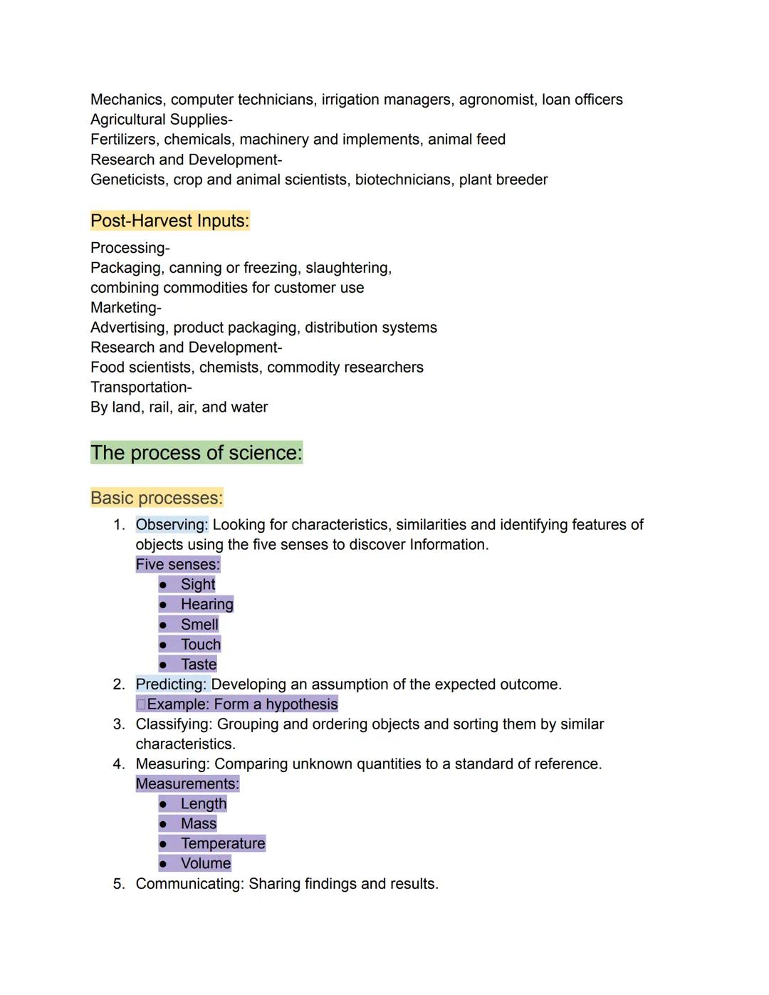 Agricultural Science Notes:

Key:

*   Subtitles
*   Secondary titles
*   Examples
*   Side notes
*   Definitions

Lab equipment:

Apron: cl