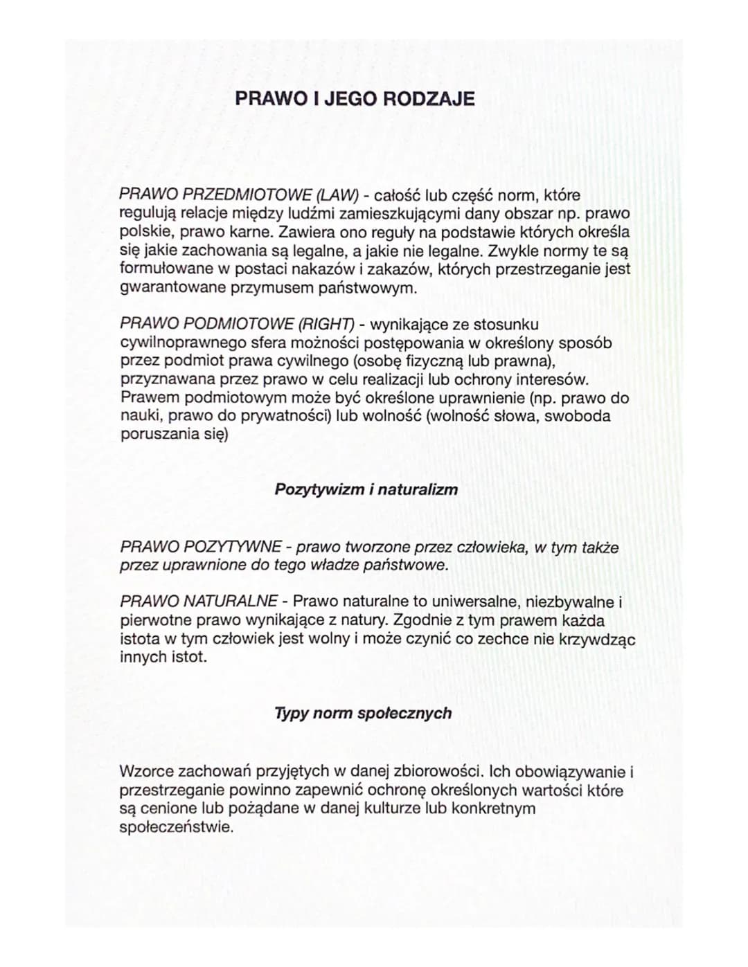 # PRAWO I JEGO RODZAJE

PRAWO PRZEDMIOTOWE (LAW) - całość lub część norm, które
regulują relacje między ludźmi zamieszkującymi dany obszar n