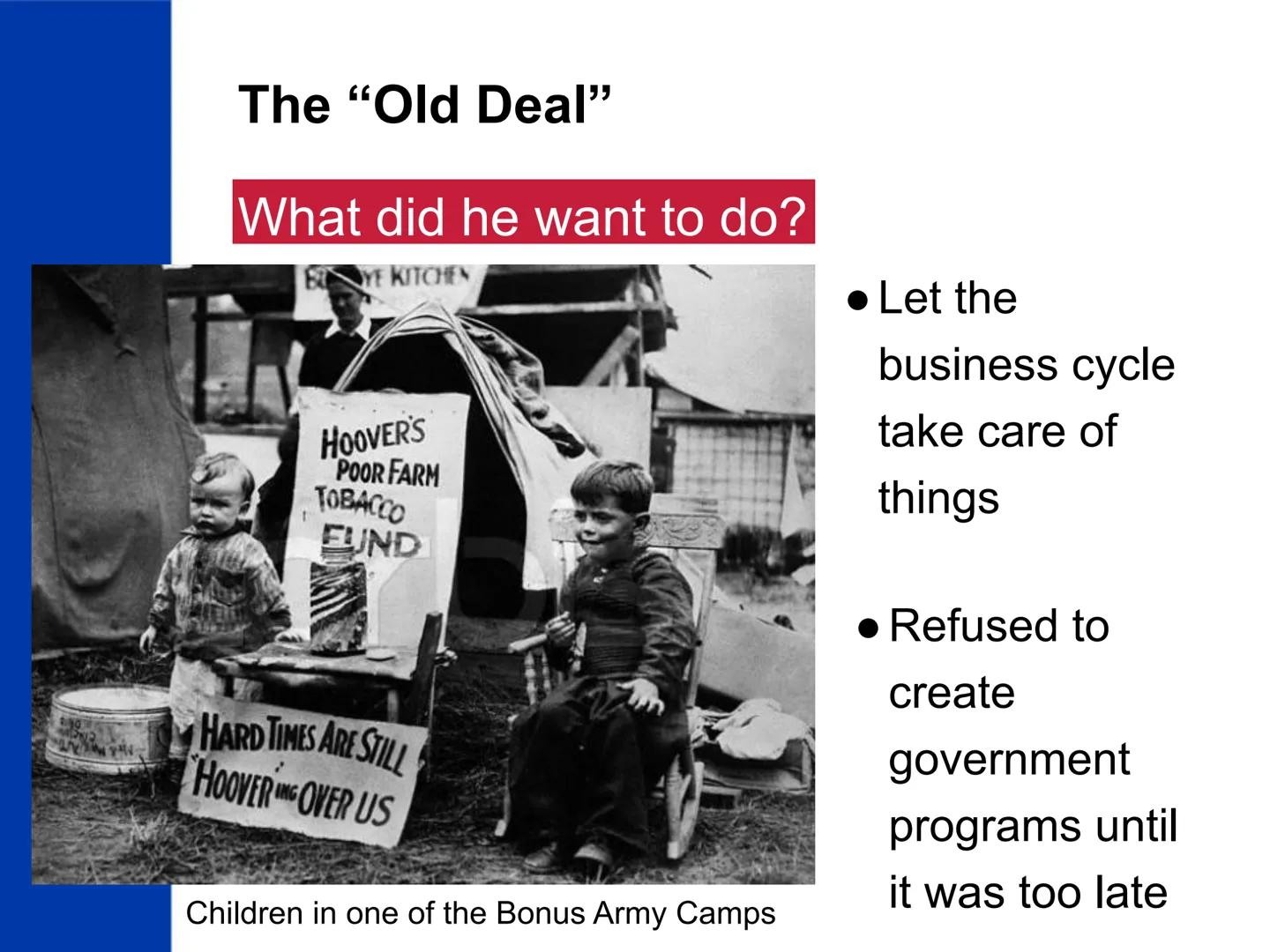 # The New Deal

US History The "Old Deal"

What?

• President

Hoover's

reaction to the

Great

Depression

COBIS

President Herbert Hoover