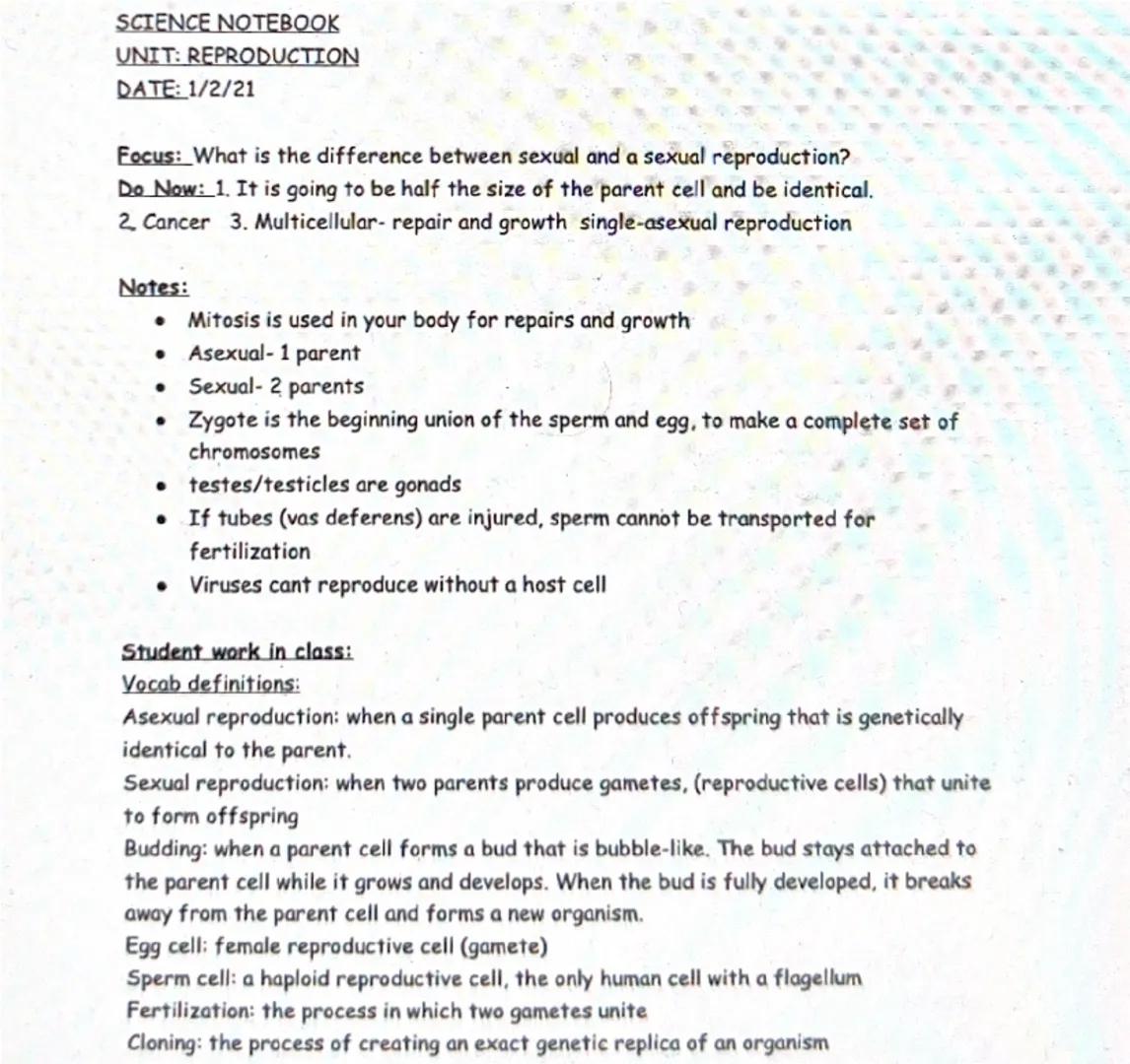 # SCIENCE NOTEBOOK
# UNIT: REPRODUCTION
# DATE: 1/2/21

Focus: What is the difference between sexual and a sexual reproduction?
Do Now: 1. I