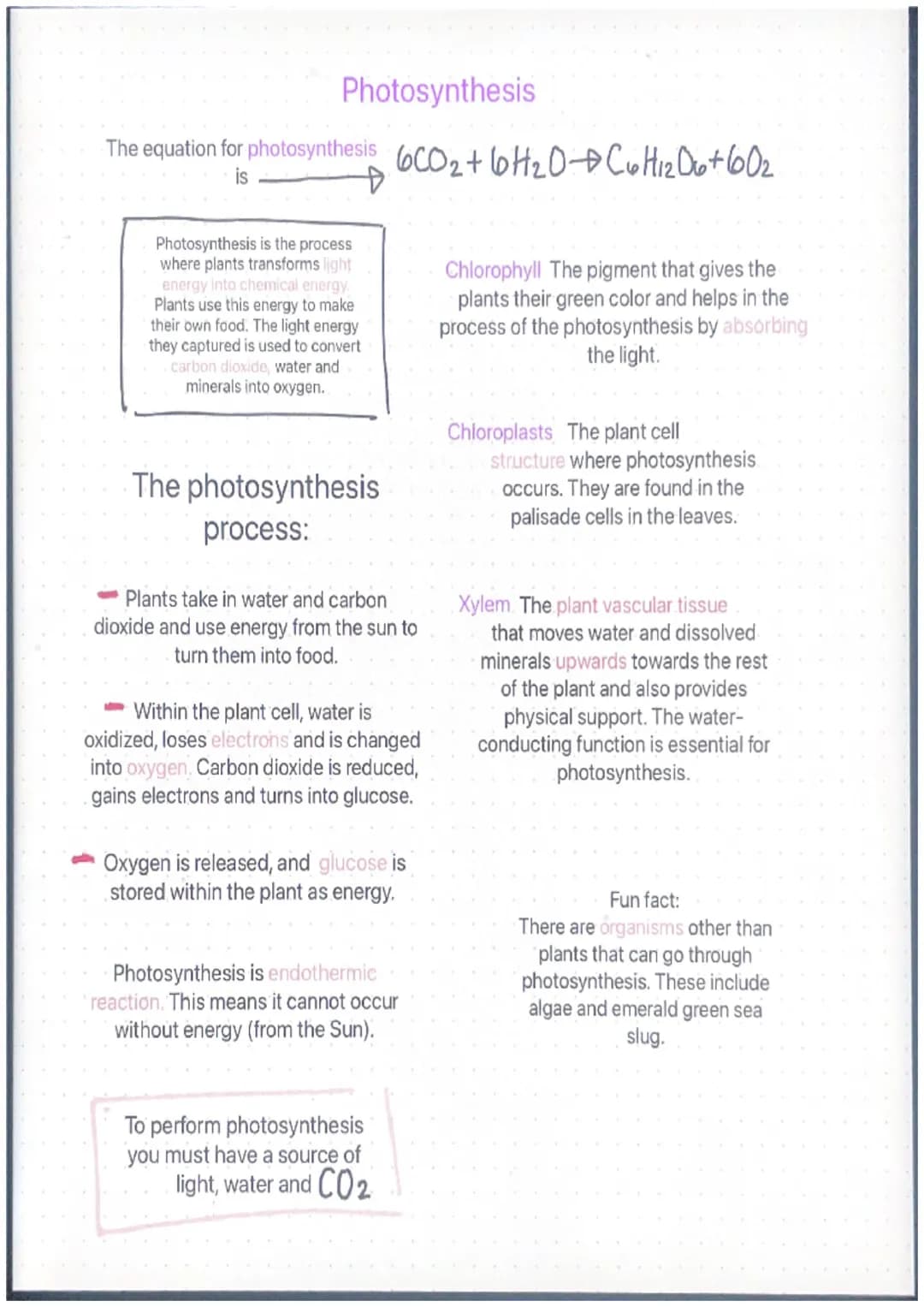Photosynthesis

The equation for photosynthesis $6CO2+ 6H2O \rightarrow C_6H_{12}O_6+6O_2$
is

Photosynthesis is the process
where plants tr