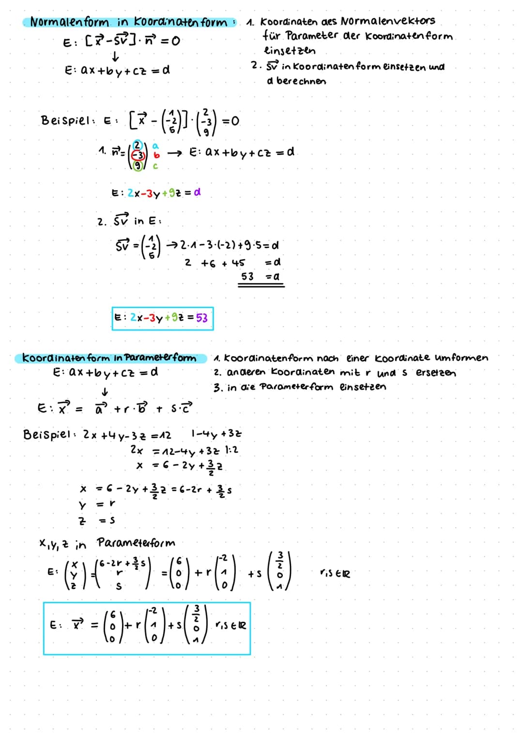 # Ebenen

Parameterform: E: $\vec{x}$ = $\vec{S}$ +r $\vec{SpanV_1}$ +s.$\,\vec{SpanV_2}$

E: $\vec{x}$ = $\vec{OA}$ +r $\vec{AB}$ + S. $\ve