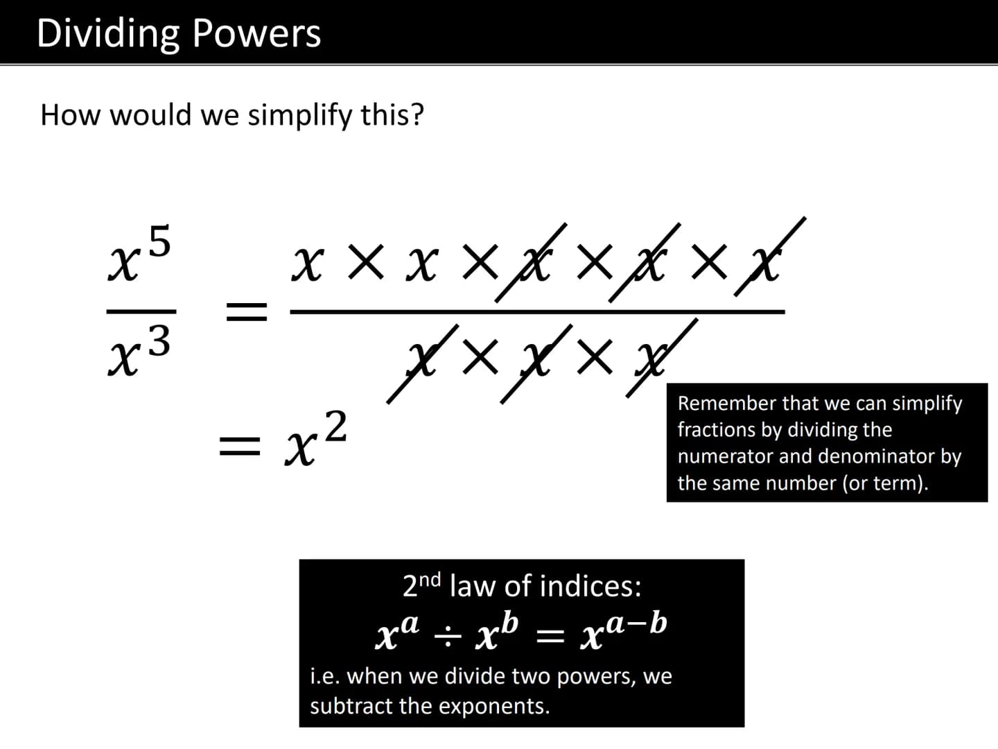 # GCSE MATHS

LAWS OF INDICES # Terminology

"power"

“exponent” or
"index"
(plural "indices")

$3^4 = 3 \times 3 \times 3 \times 3$

1

"Ba