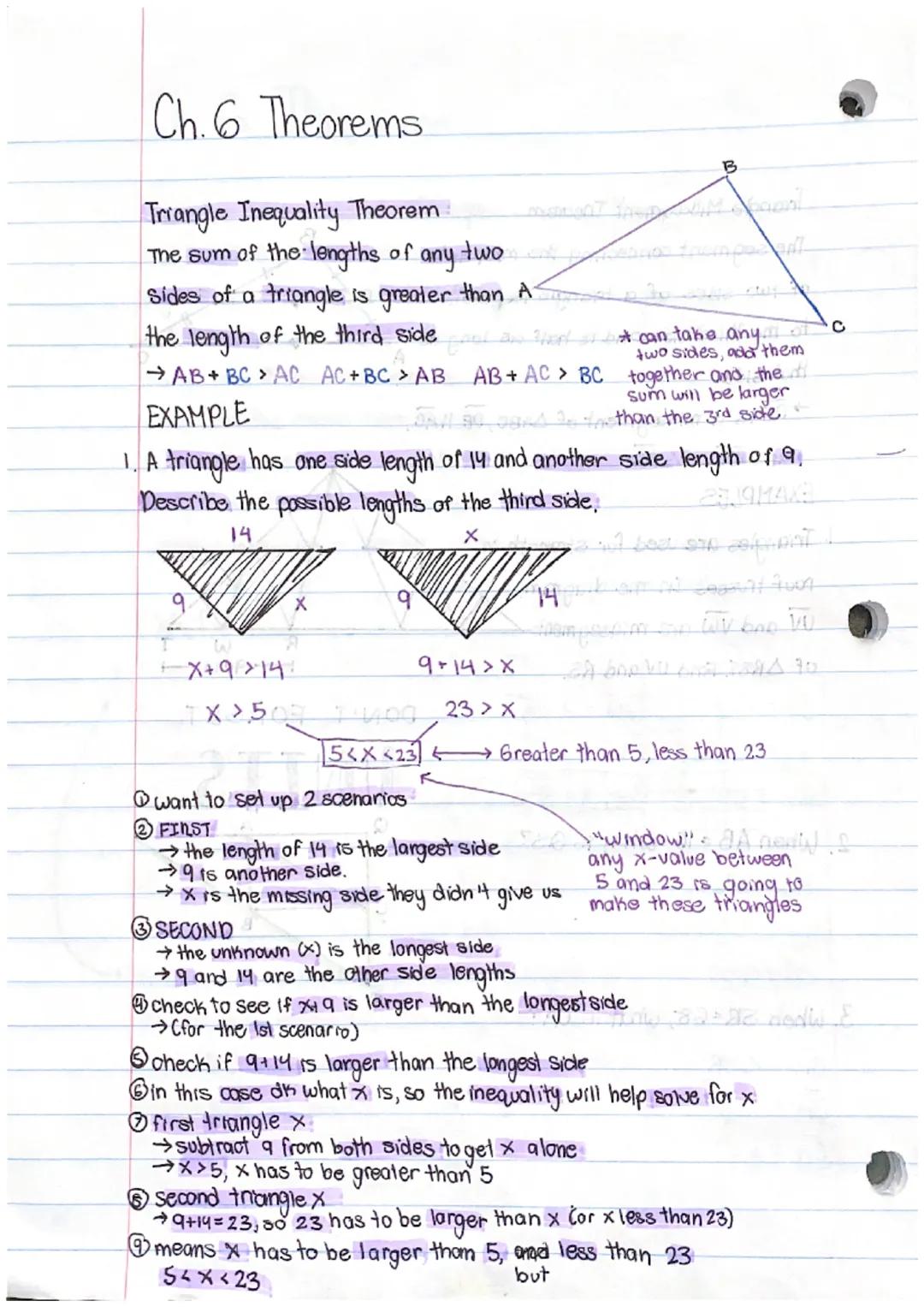 Ch. 6 Theorems

Triangle Inequality Theorem
The sum of the lengths of any two
Sides of a triangle is greater than A
the length of the third 