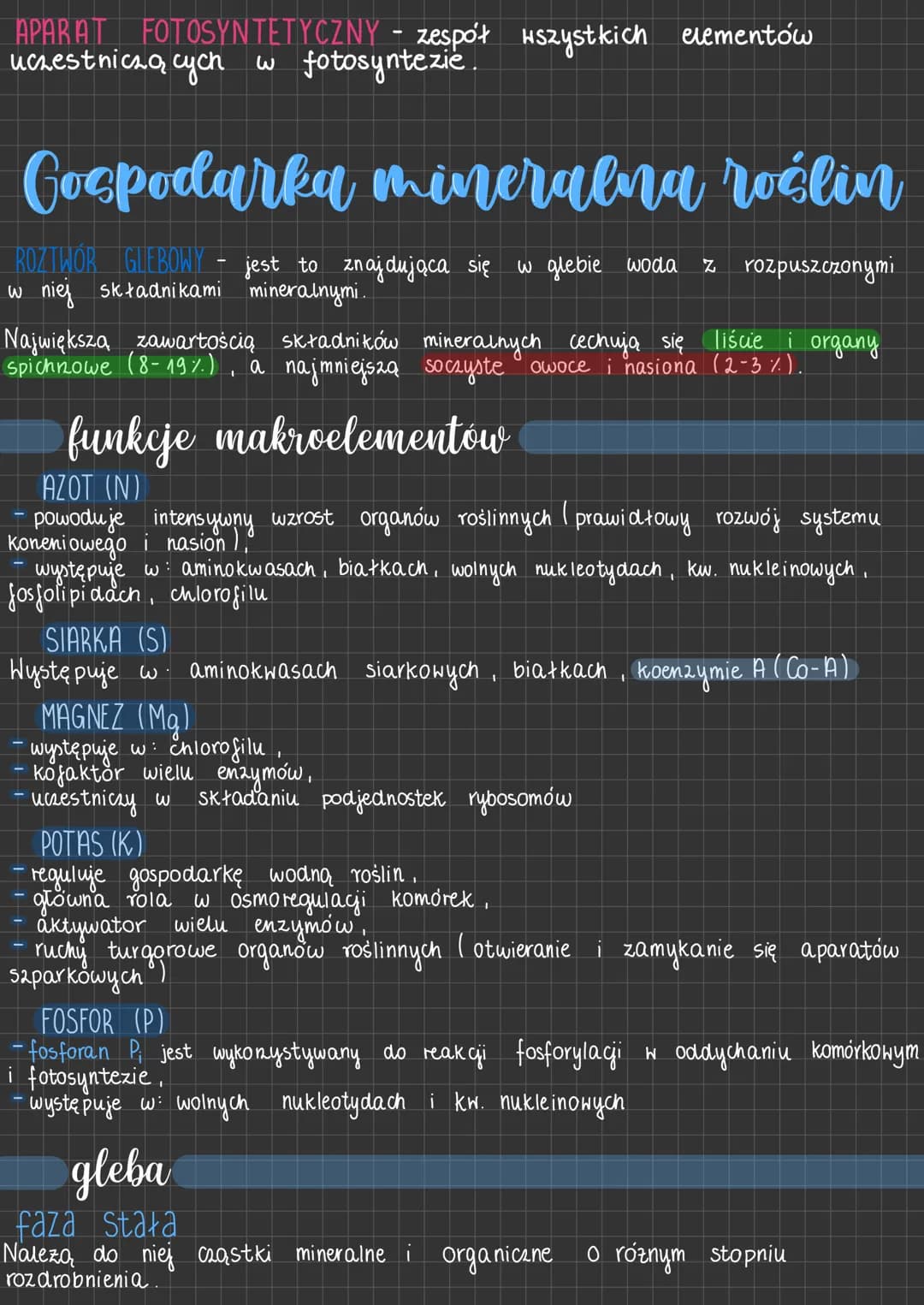 APARAT FOTOSYNTETYCZNY - zespół wszystkich elementów
uczestniczących w fotosyntezie.

Gospodarka mineralna roślin

ROZTWOR GLEBOWY - jest to