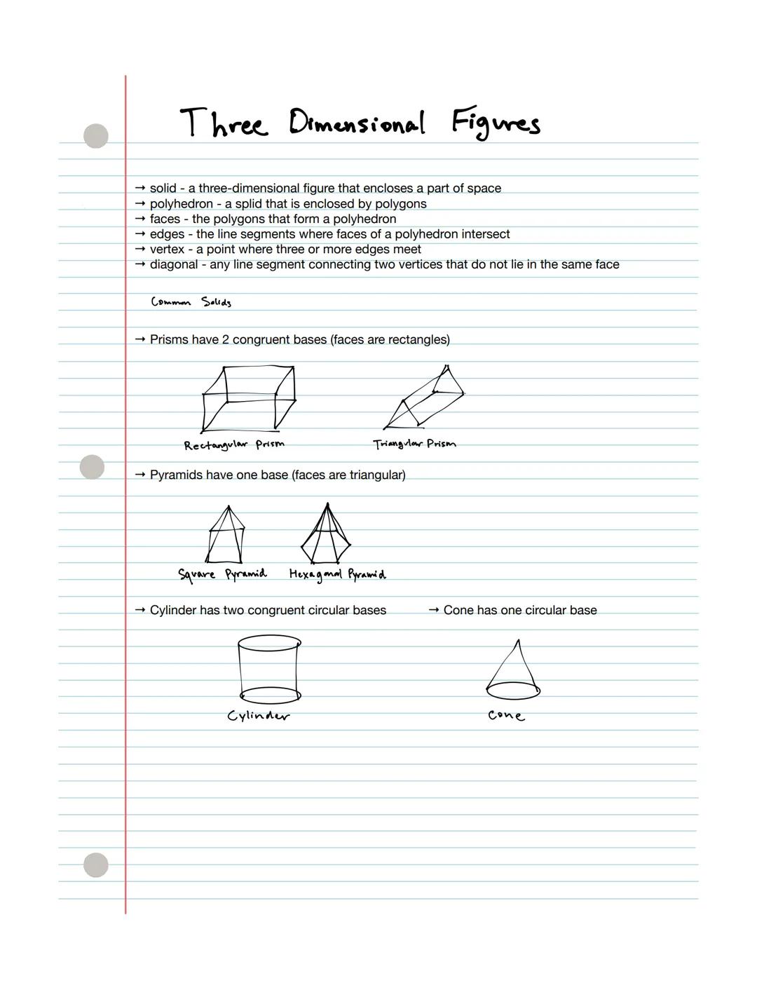 # Three Dimensional Figures

- solid a three-dimensional figure that encloses a part of space
- polyhedron a splid that is enclosed by polyg