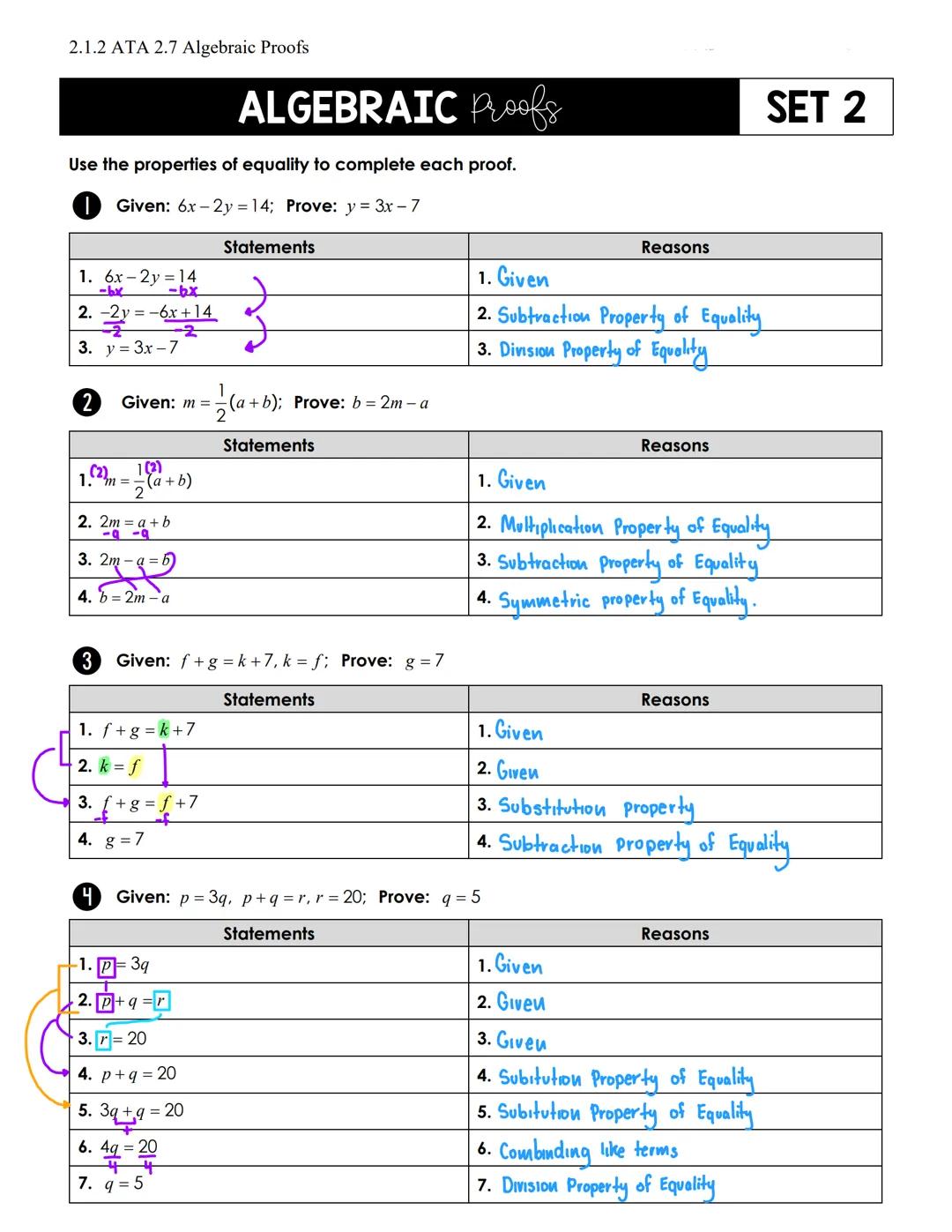 2.1.2 ATA 2.7 Algebraic Proofs

# ALGEBRAIC Proofs

SET 2

Use the properties of equality to complete each proof.

1 Given: 6x-2y = 14; Prov