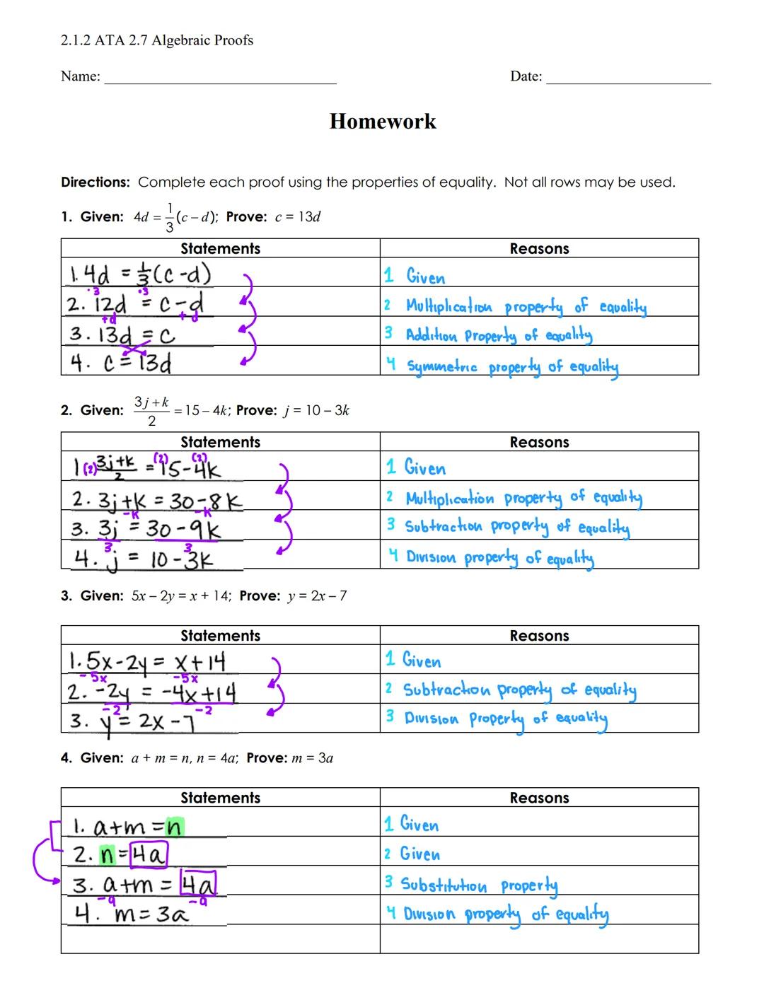 2.1.2 ATA 2.7 Algebraic Proofs

# ALGEBRAIC Proofs

SET 2

Use the properties of equality to complete each proof.

1 Given: 6x-2y = 14; Prov
