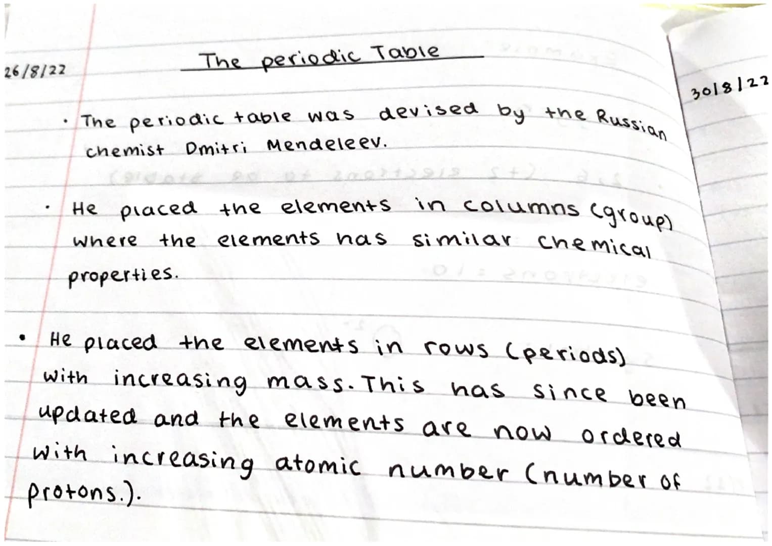 26/8/22

The periodic Table

- The periodic table was devised by the Russian
chemist Dmitri Mendeleev.

- He placed the elements in columns 
