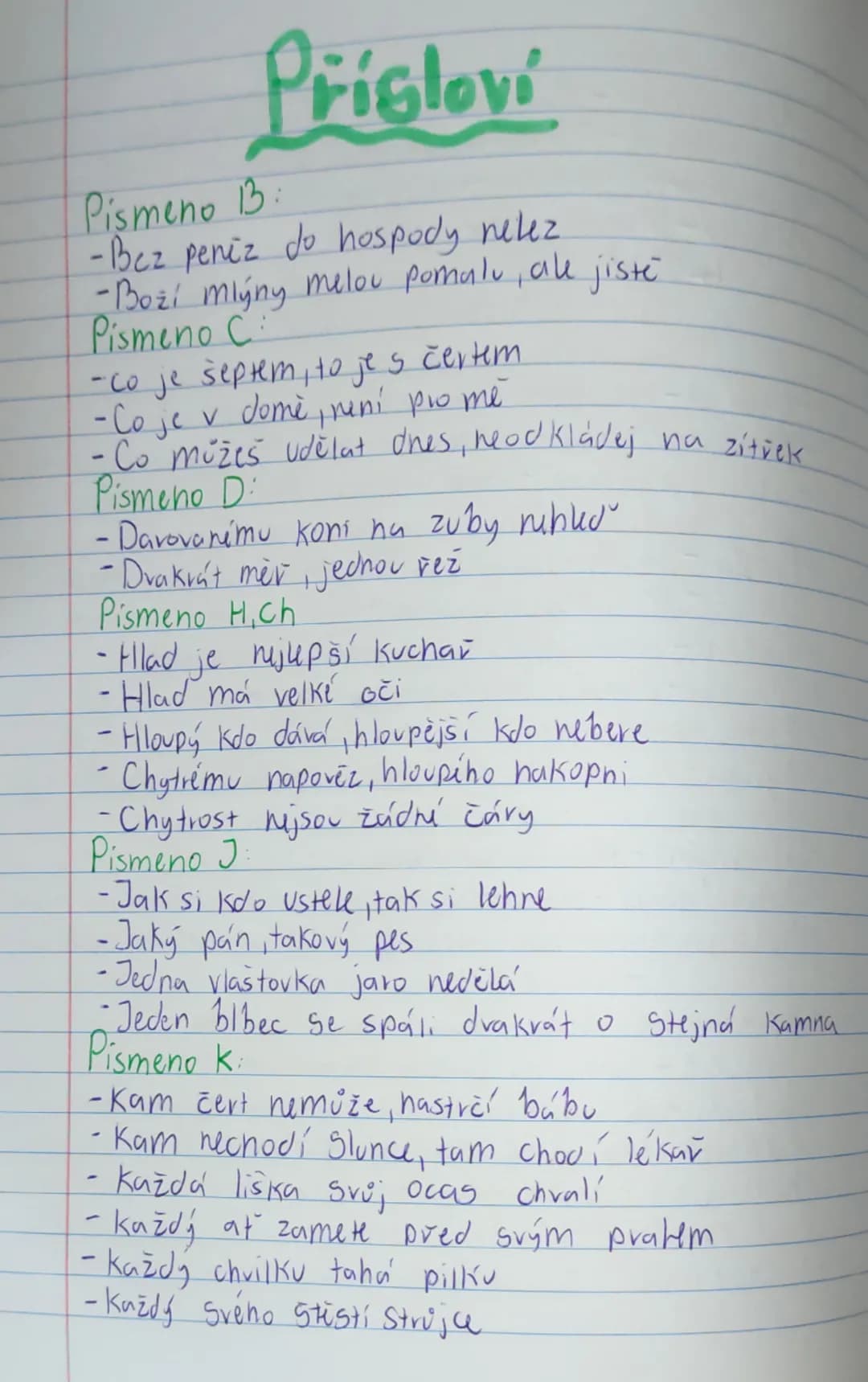 # Přísloví

Pismeno 13:
-Bez peněz do hospody nelez
-Boží mlýny melou pomalu, ale jiste
Pismeno C
-co je septem, to je s čertem
- Co je v do